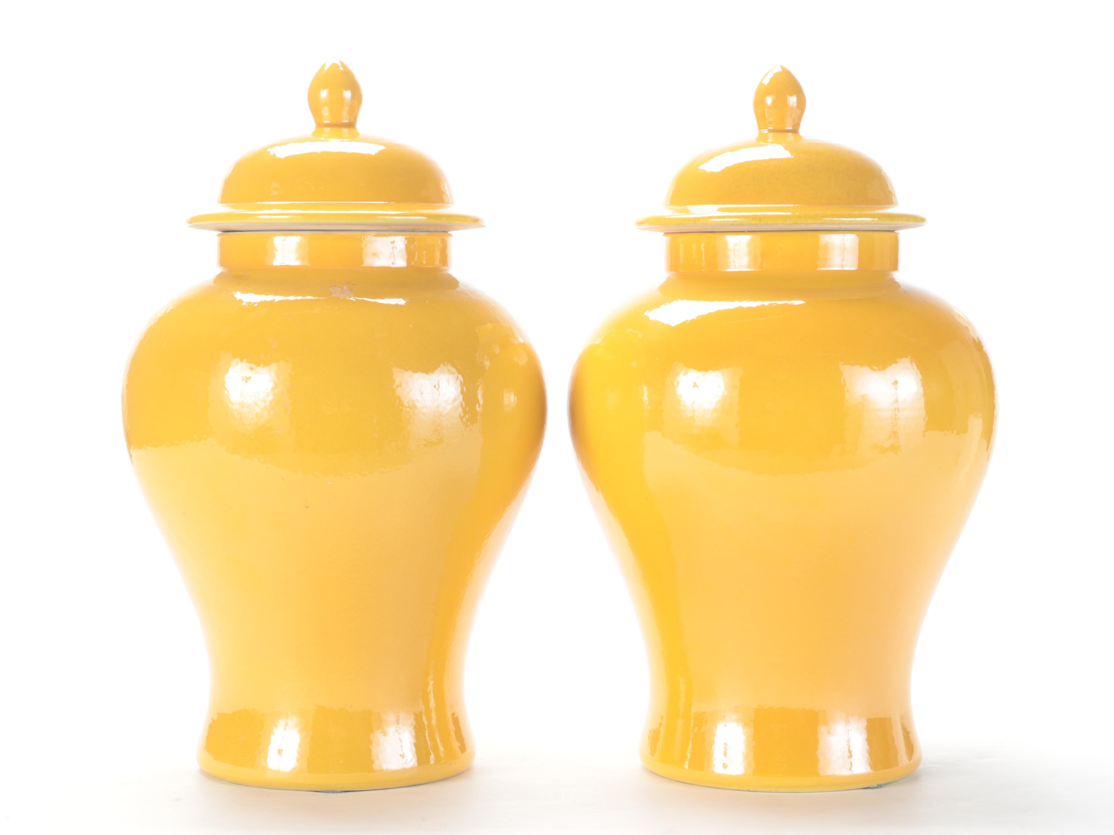 Pair of Tozai Home Imperial Yellow Glazed Porcelain Temple Jars