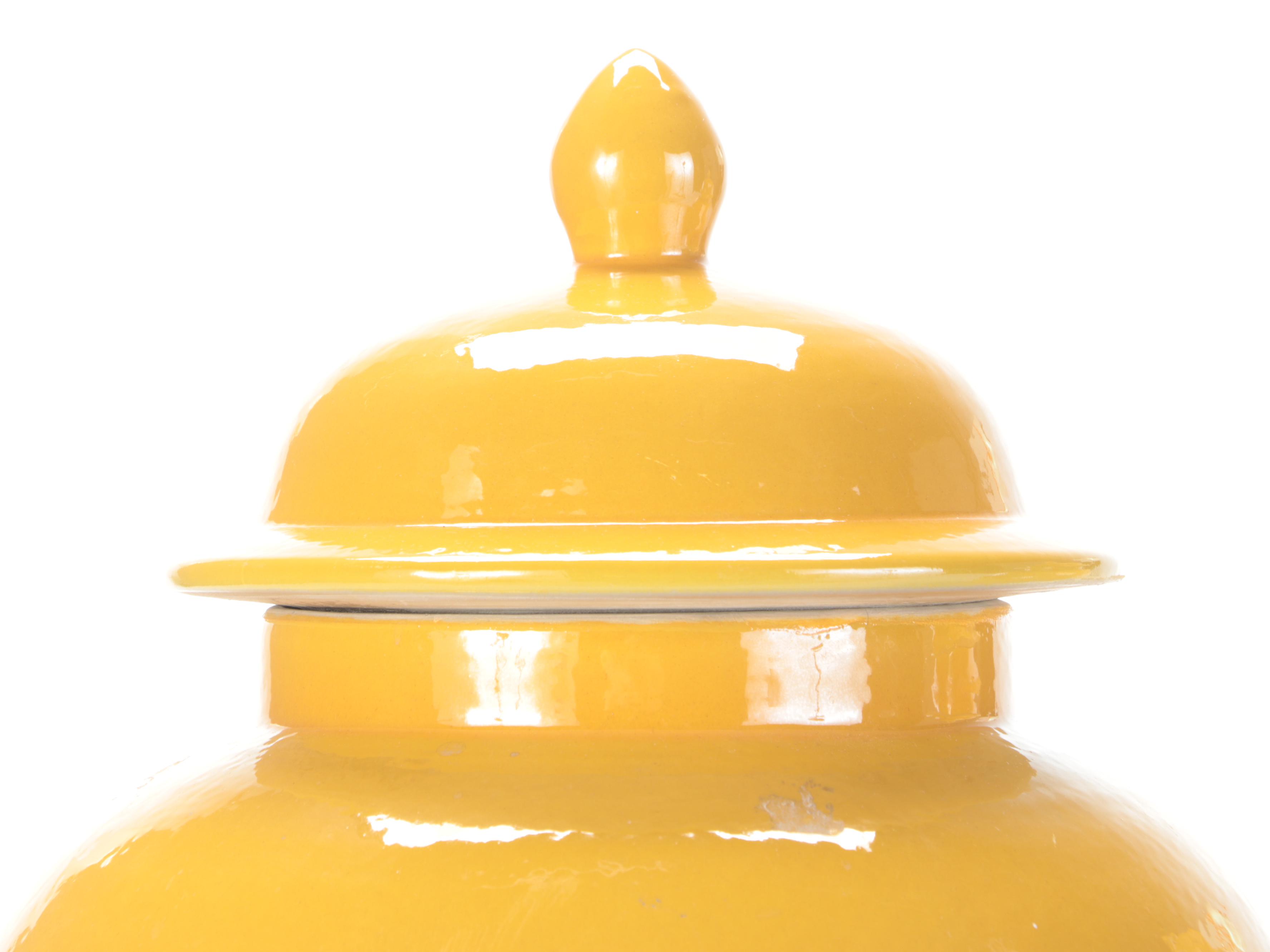 Pair of Tozai Home Imperial Yellow Glazed Porcelain Temple Jars