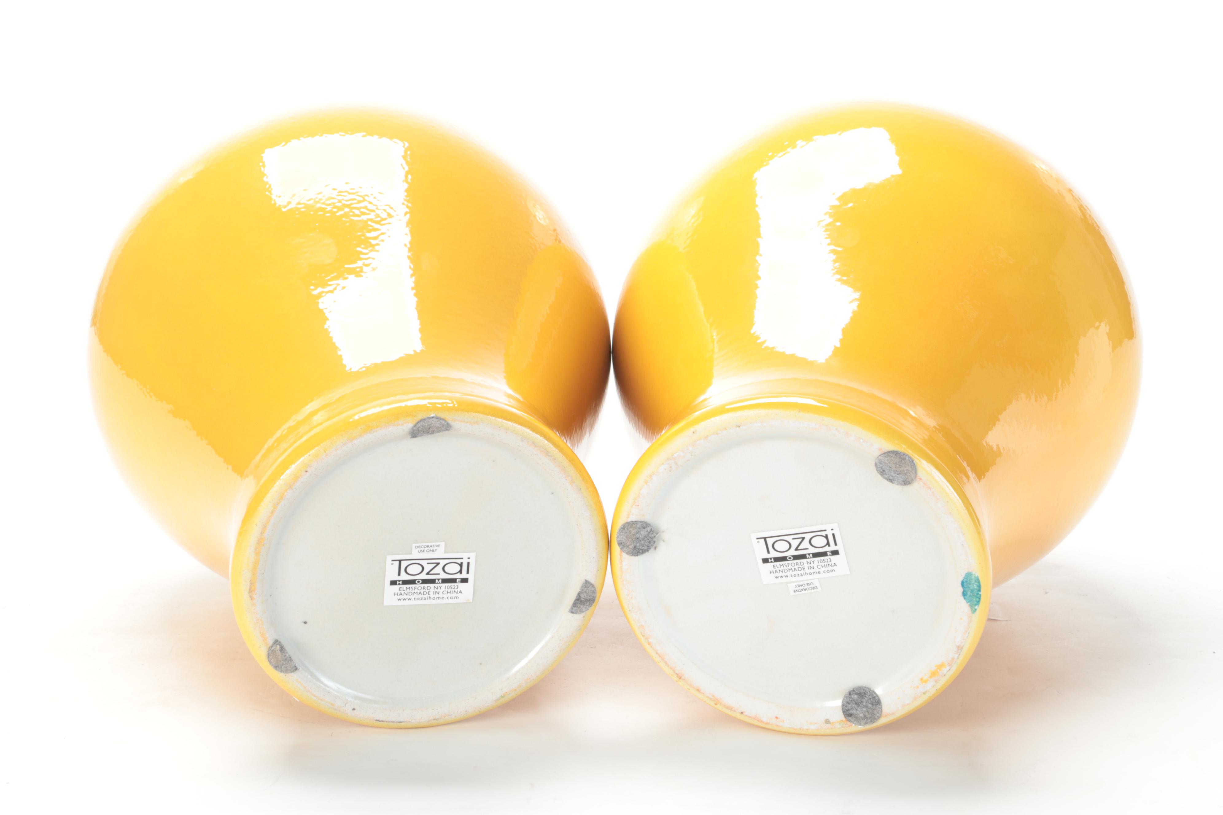 Pair of Tozai Home Imperial Yellow Glazed Porcelain Temple Jars