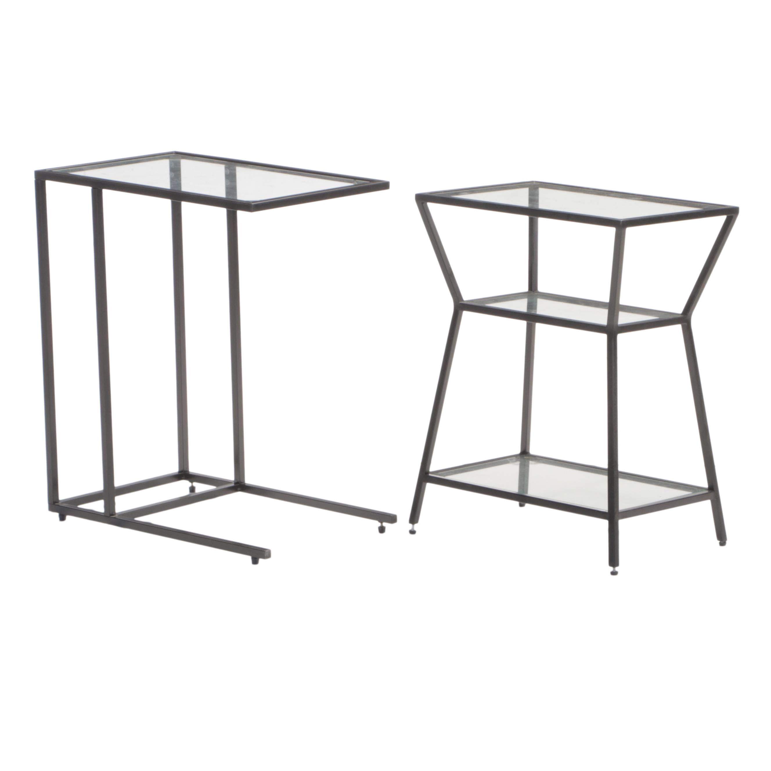 Two Modernist Style Black Metal and Glass Top Side Tables