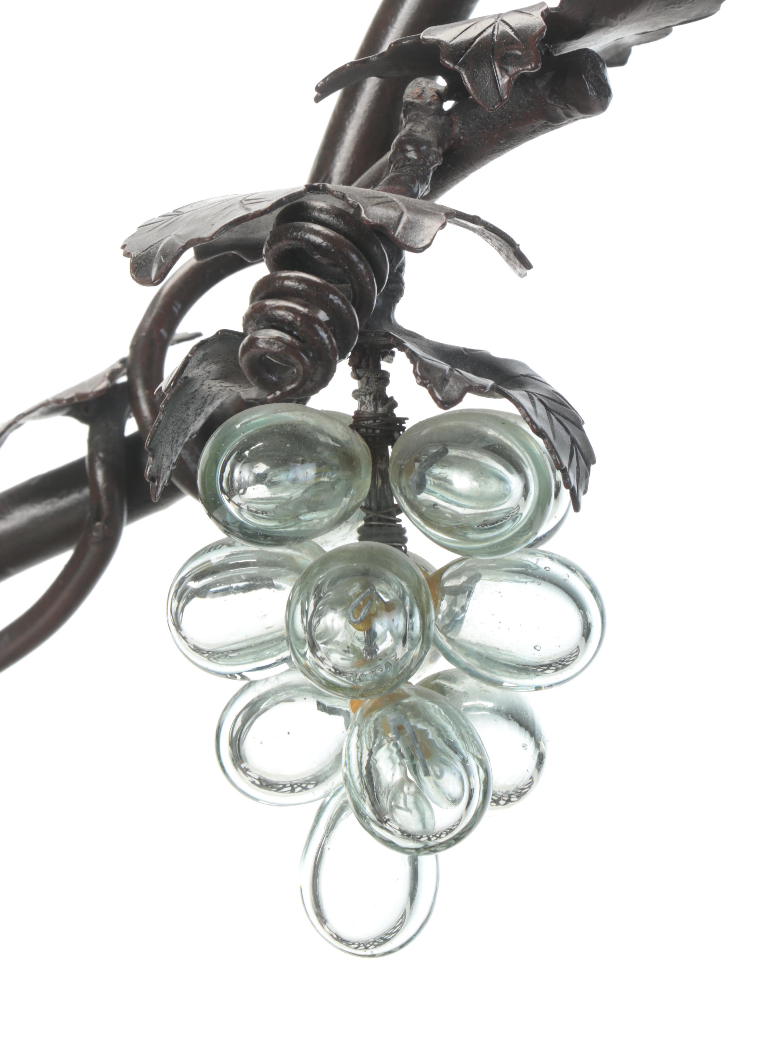 Patinated Metal Lattice Basket with Vine Handle and Glass Fruit