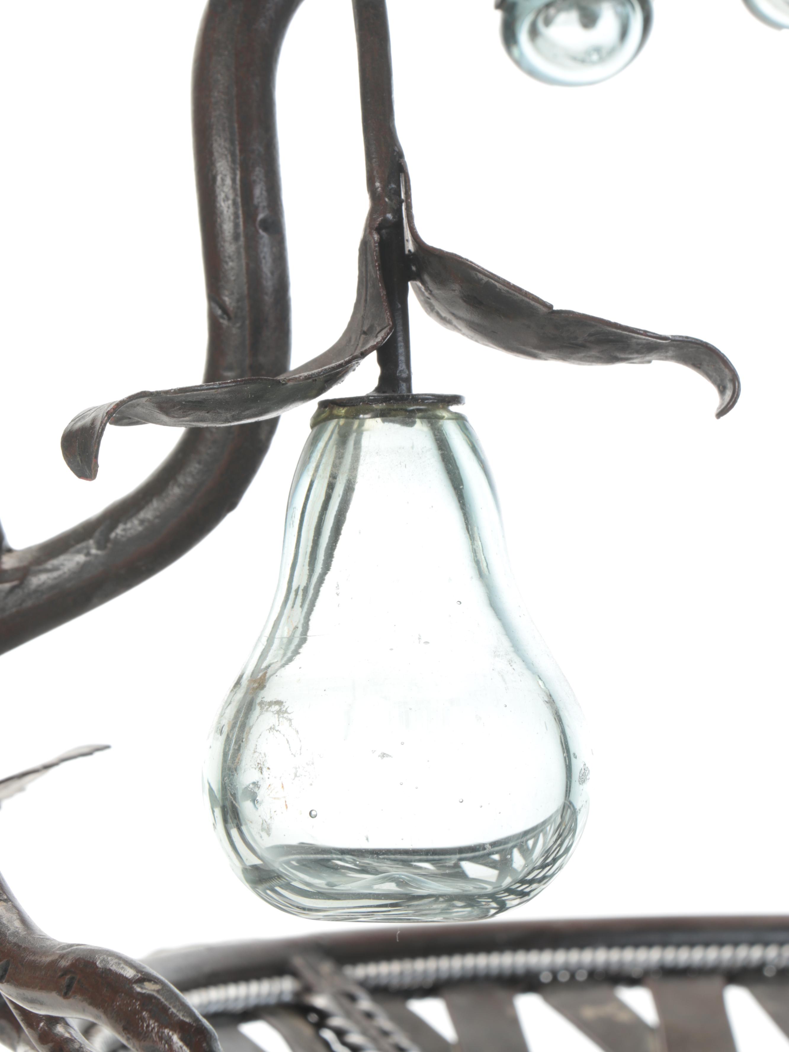 Patinated Metal Lattice Basket with Vine Handle and Glass Fruit