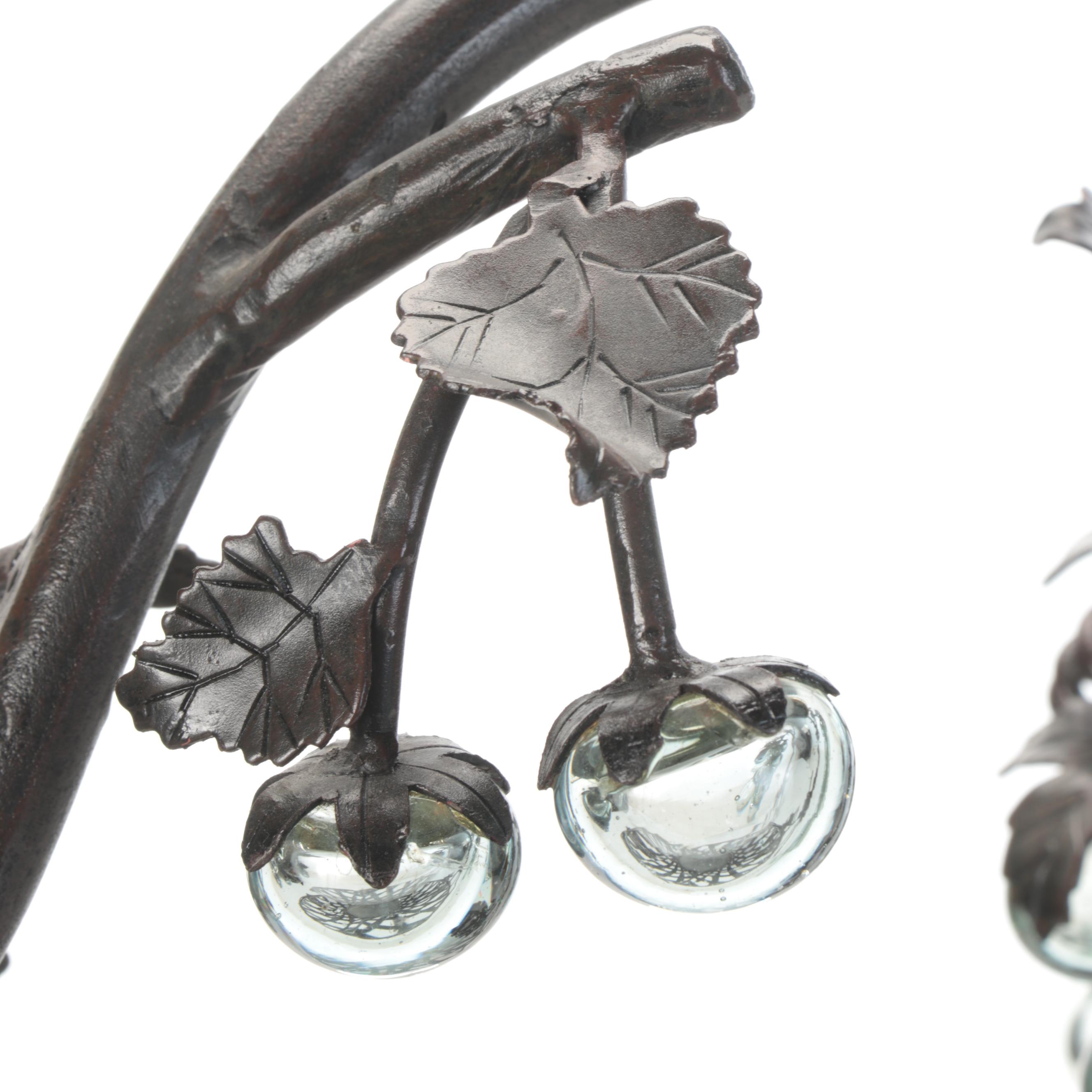 Patinated Metal Lattice Basket with Vine Handle and Glass Fruit