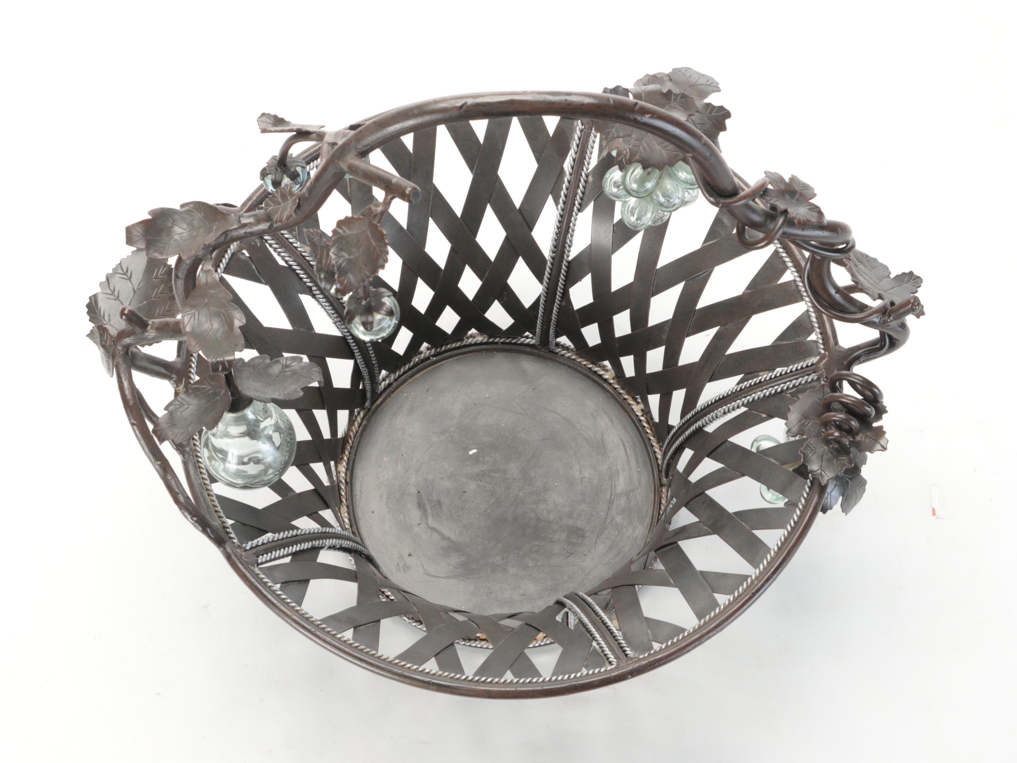 Patinated Metal Lattice Basket with Vine Handle and Glass Fruit