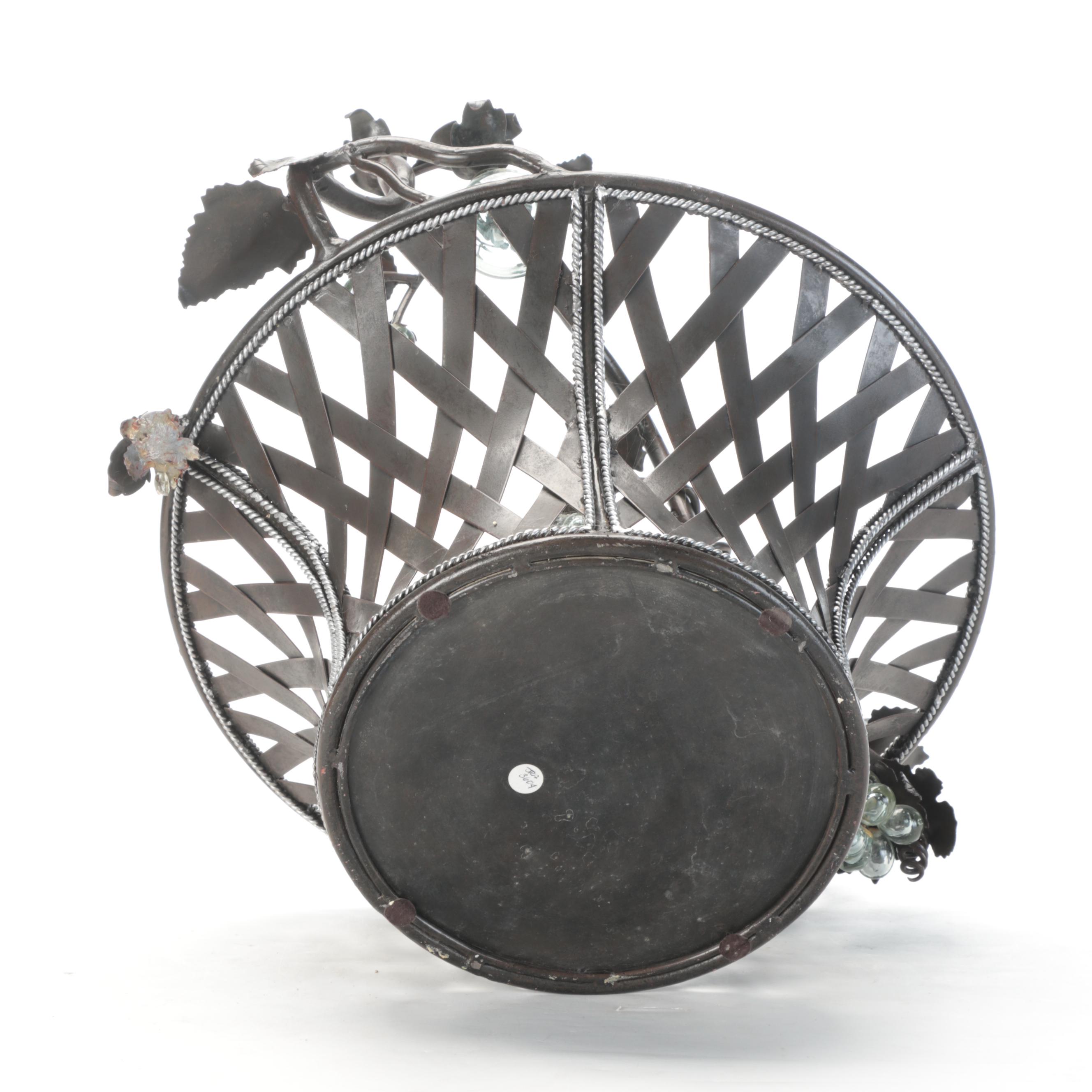 Patinated Metal Lattice Basket with Vine Handle and Glass Fruit