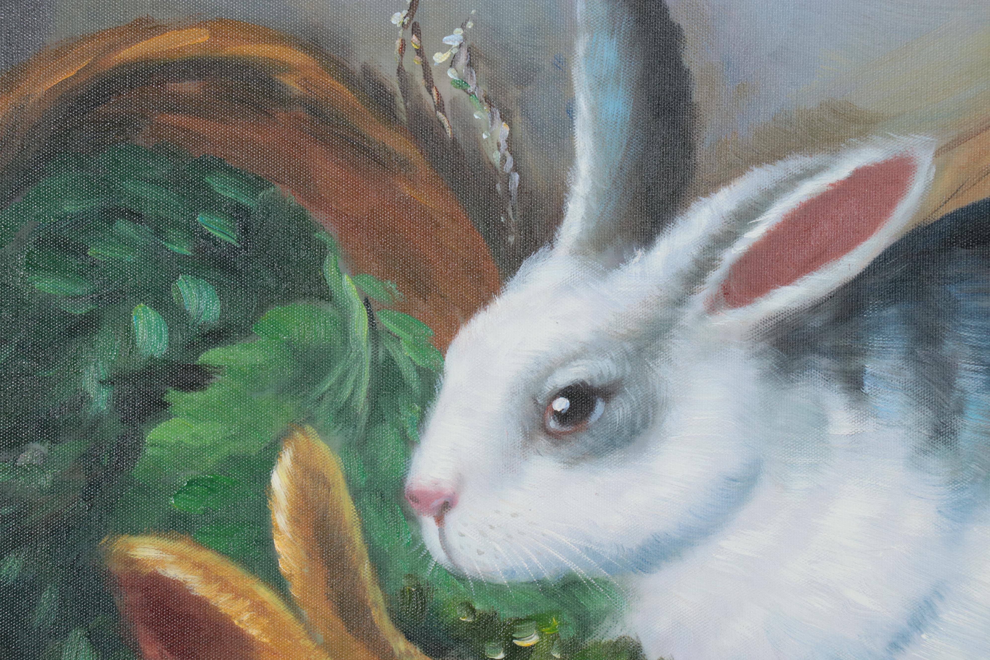 Oil Painting of Rabbits, Late 20th Century