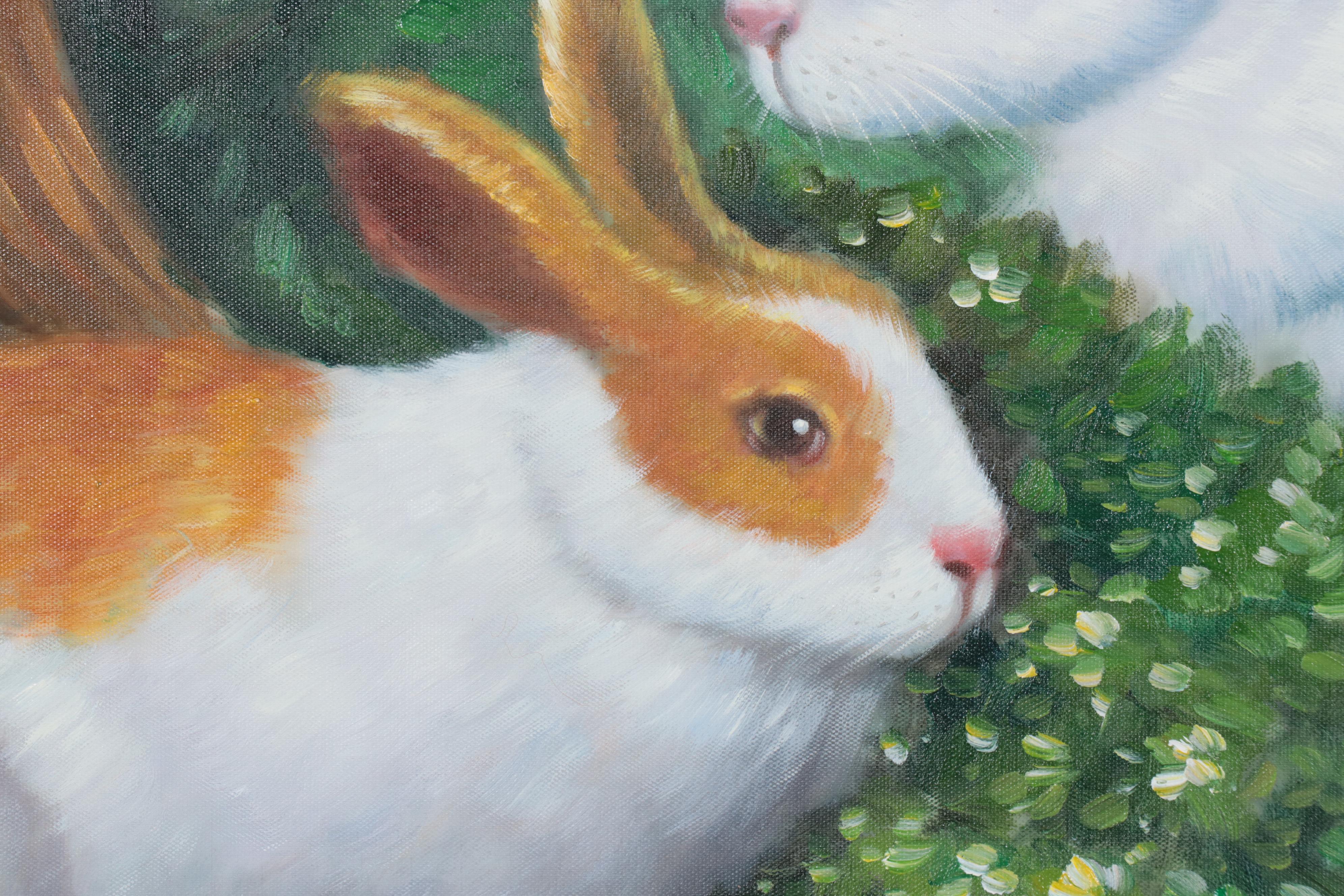 Oil Painting of Rabbits, Late 20th Century