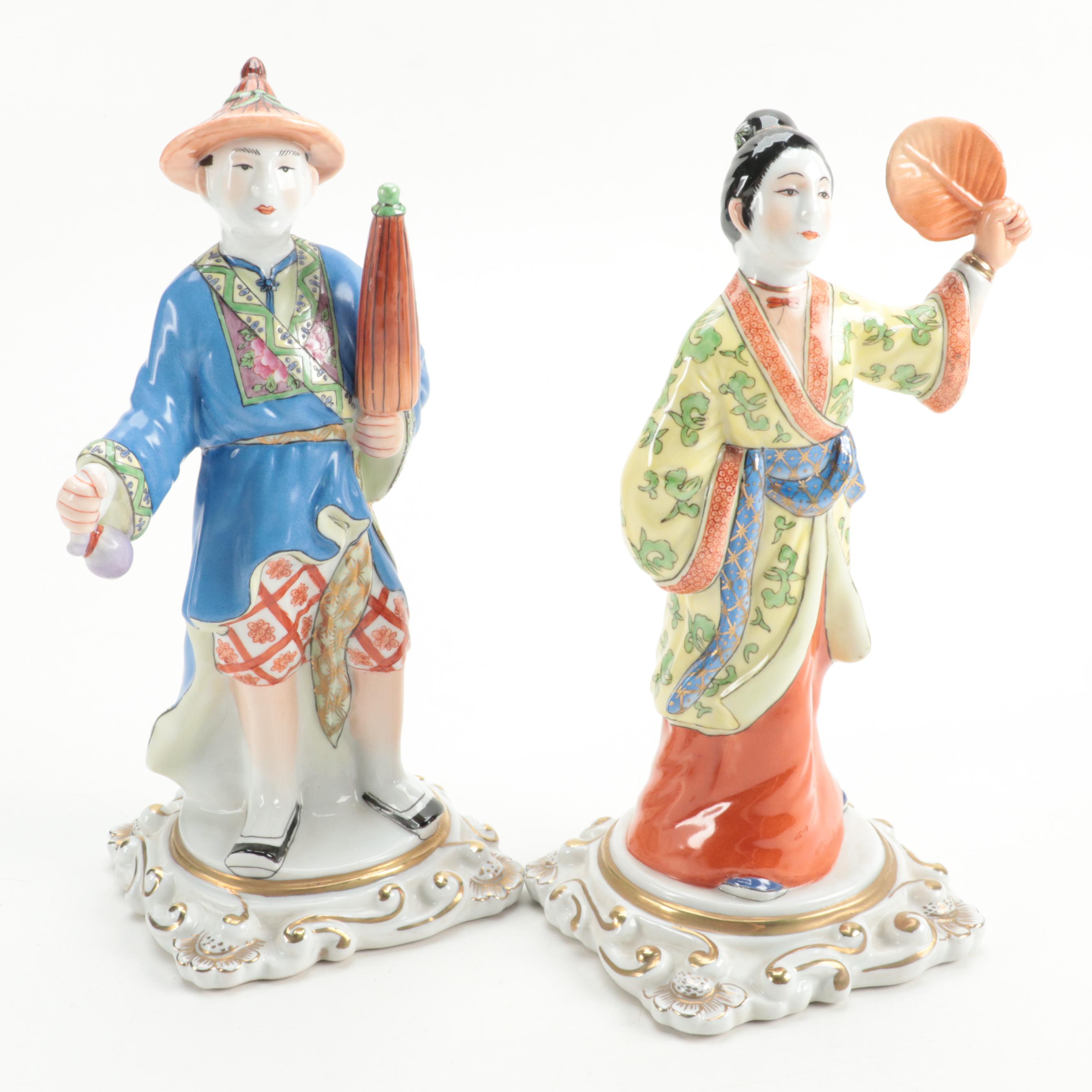 Chelsea House Hand-Painted Porcelain Male and Female Chinoiserie Figures