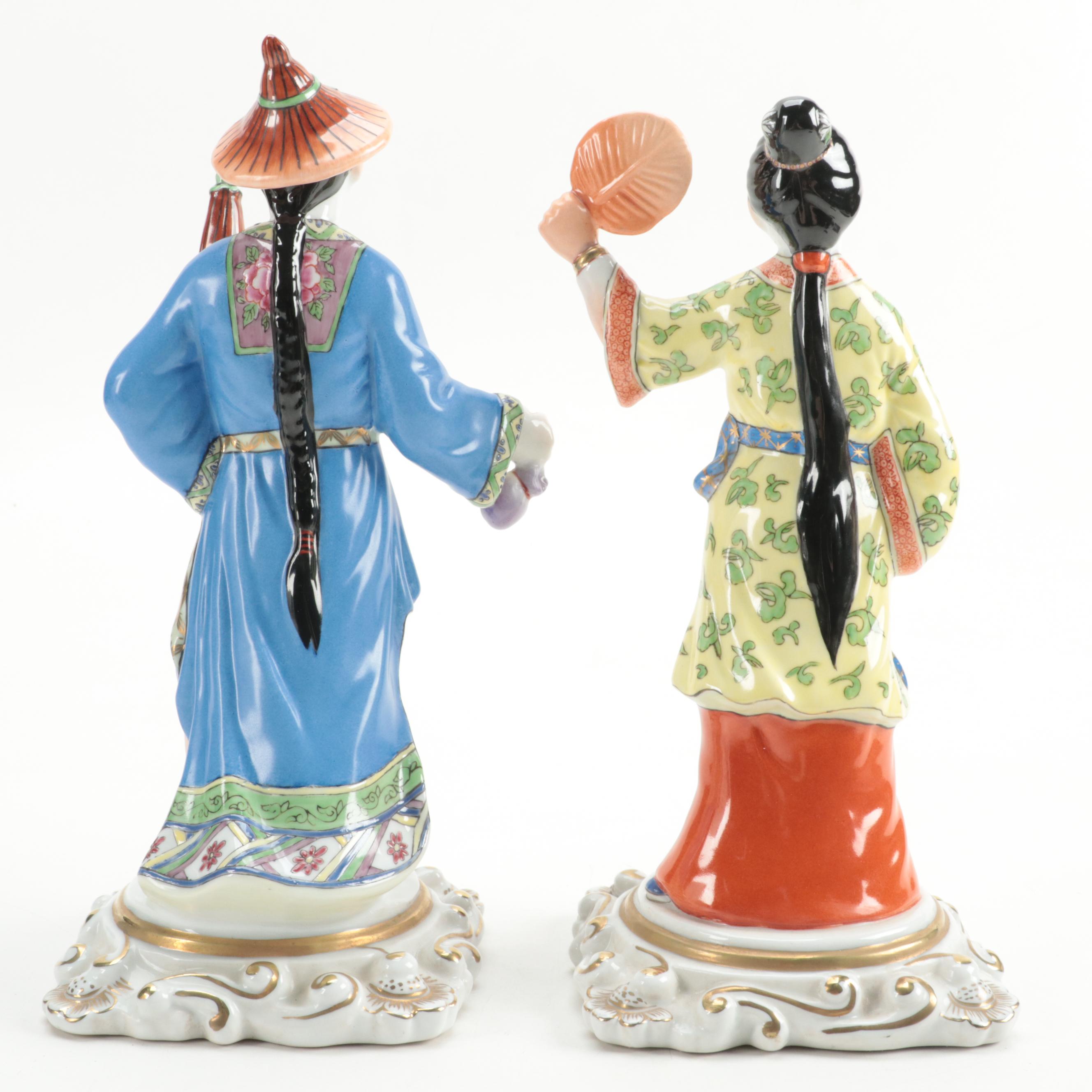 Chelsea House Hand-Painted Porcelain Male and Female Chinoiserie Figures