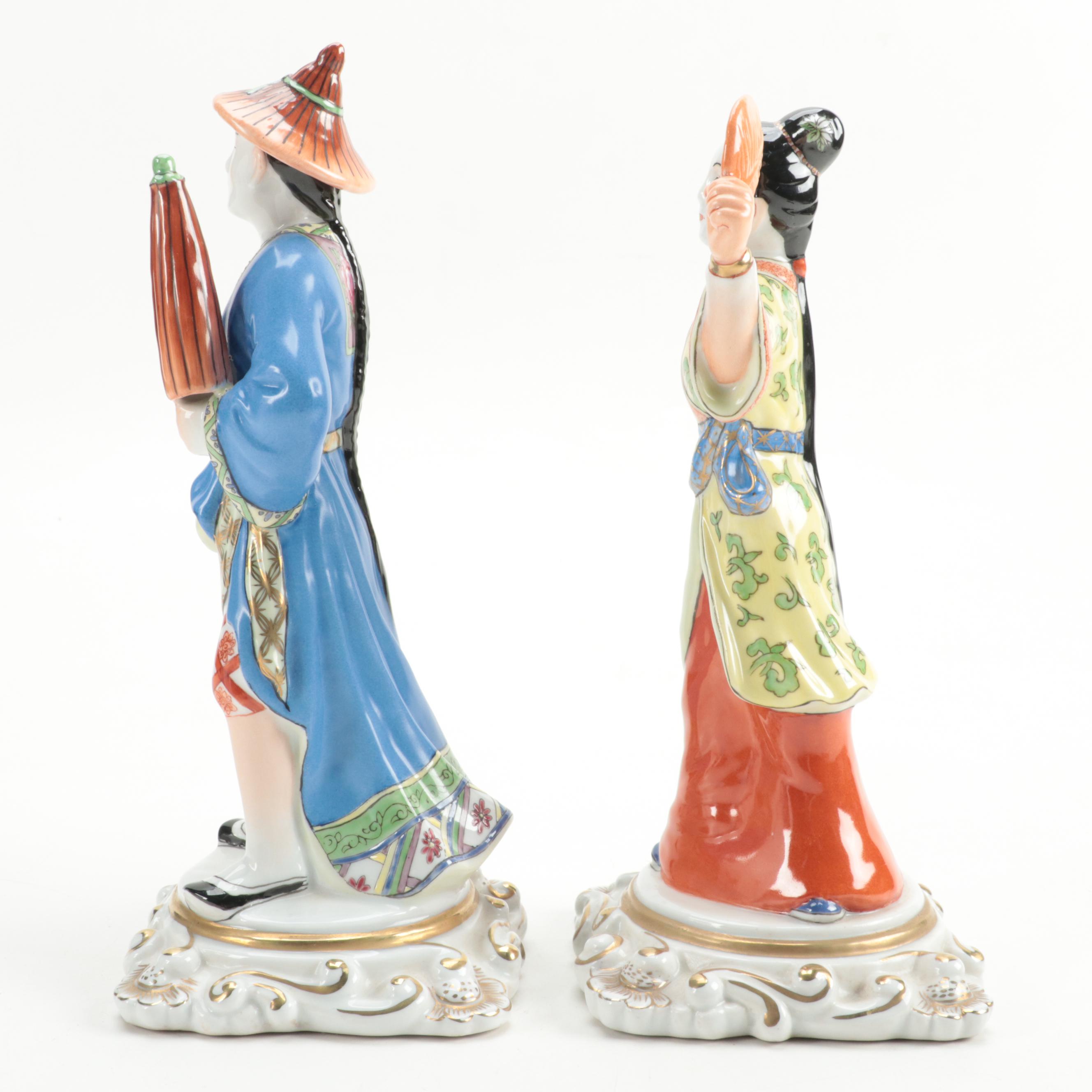 Chelsea House Hand-Painted Porcelain Male and Female Chinoiserie Figures