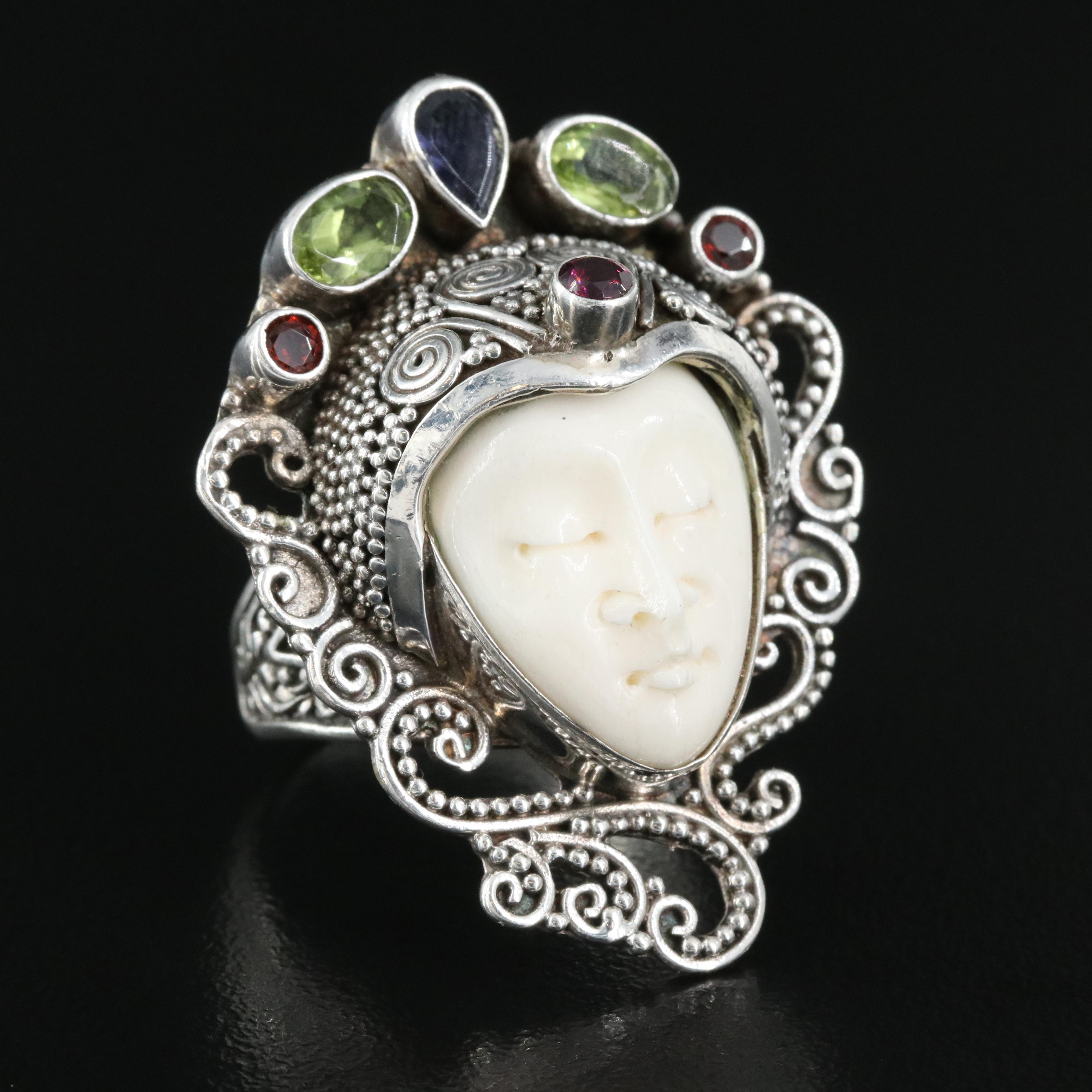 Sterling Figural Ring Including Bone, Iolite and Peridot