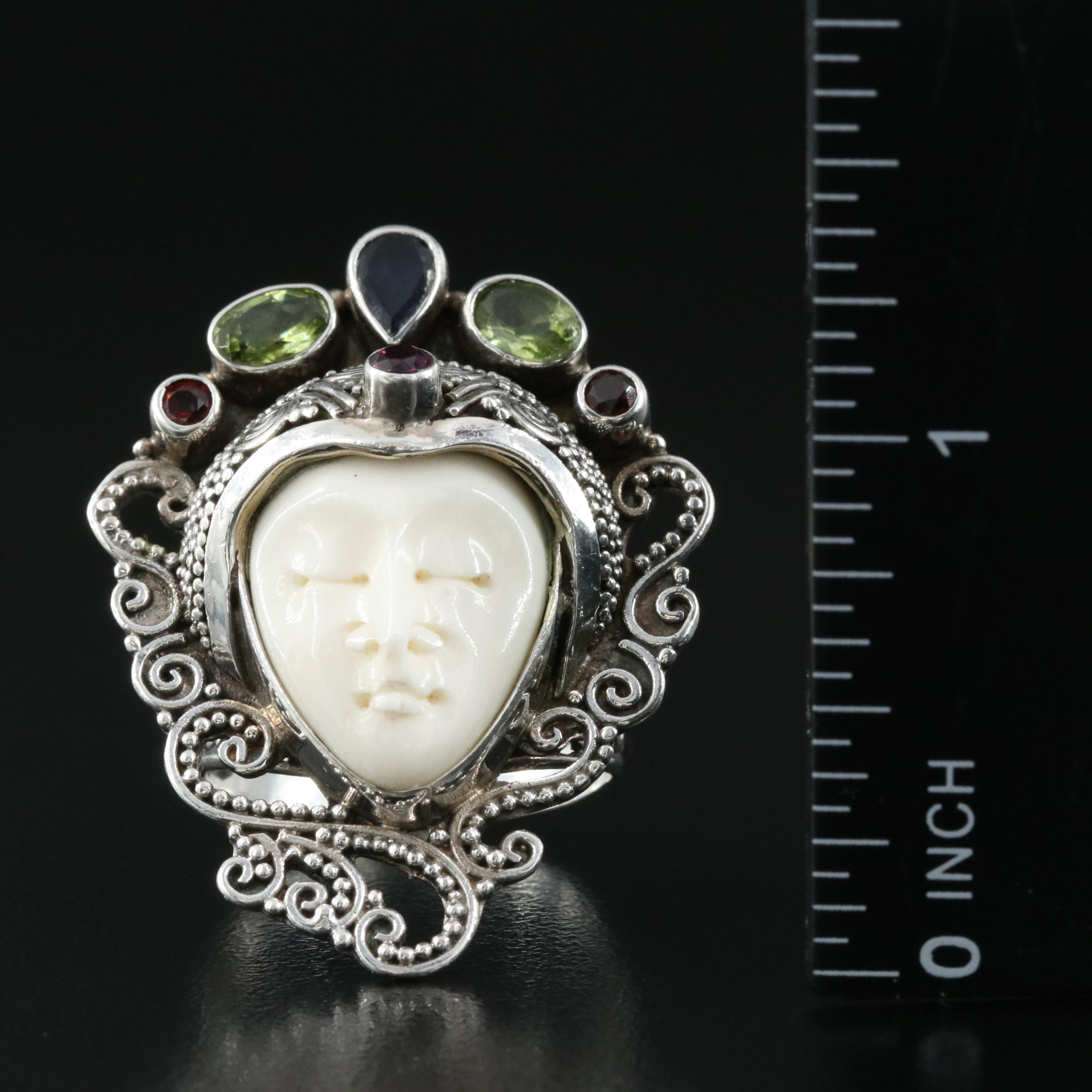Sterling Figural Ring Including Bone, Iolite and Peridot