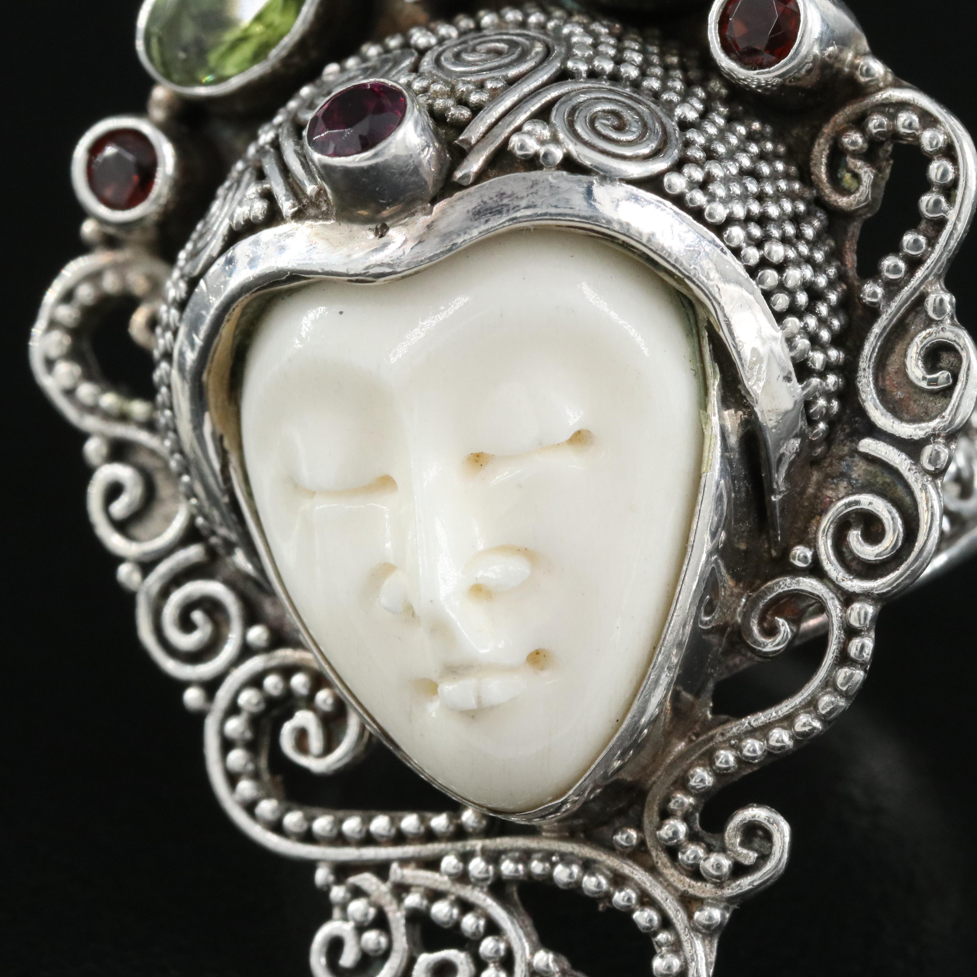 Sterling Figural Ring Including Bone, Iolite and Peridot