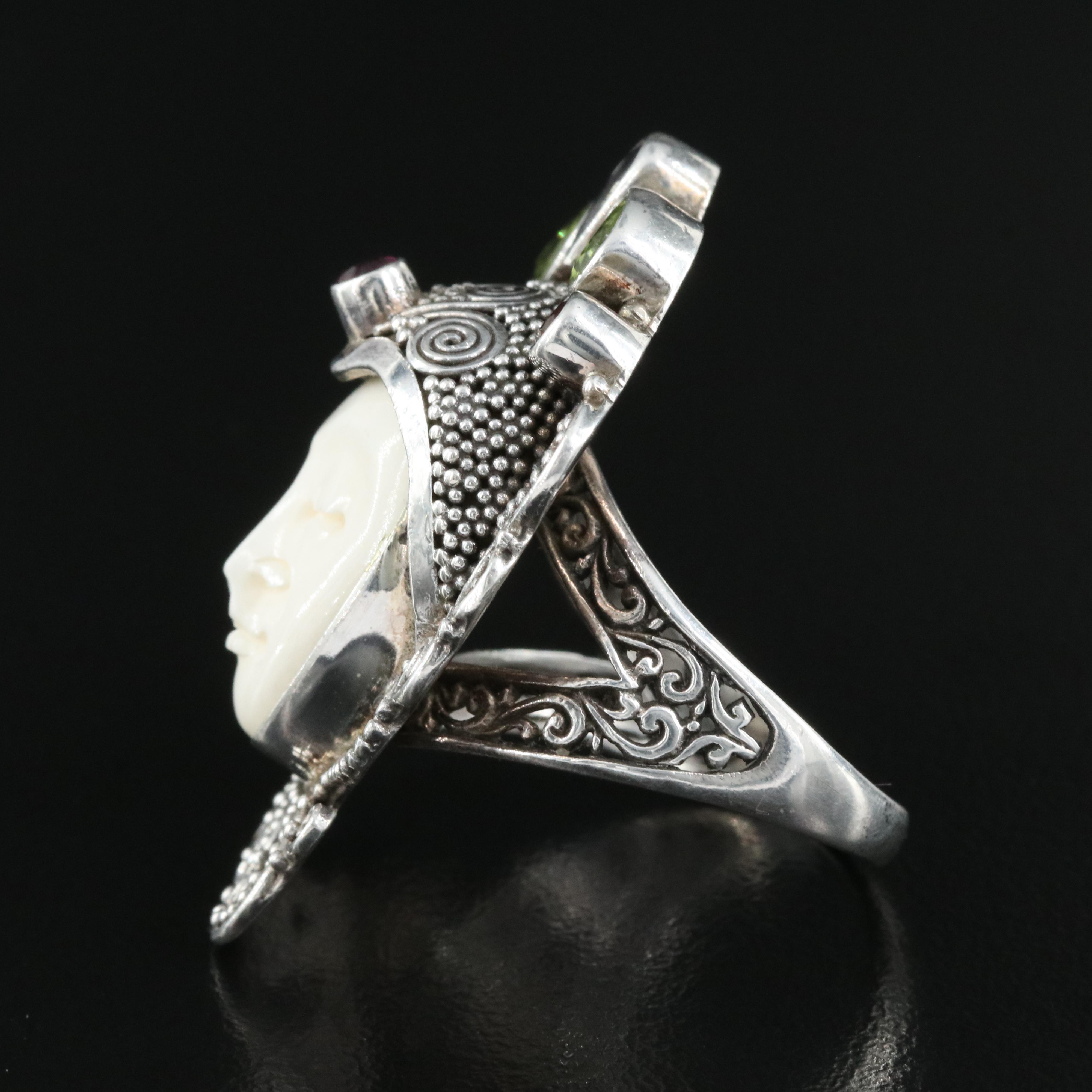 Sterling Figural Ring Including Bone, Iolite and Peridot