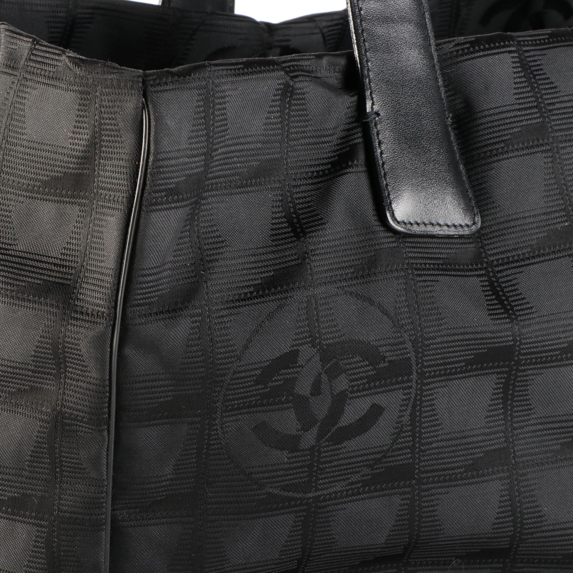Chanel Travel Line Tote Bag in Black Nylon Jacquard and Leather