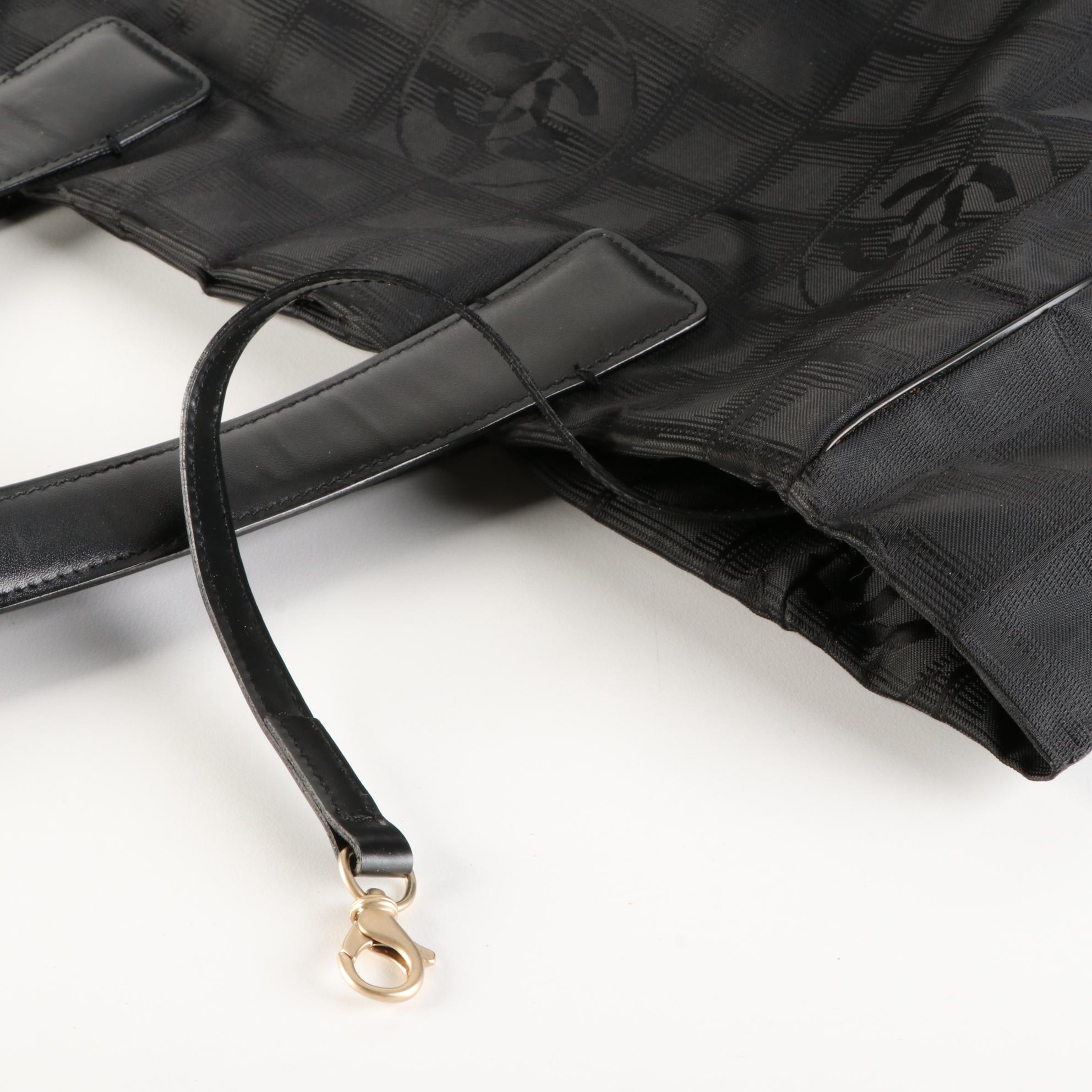 Chanel Travel Line Tote Bag in Black Nylon Jacquard and Leather