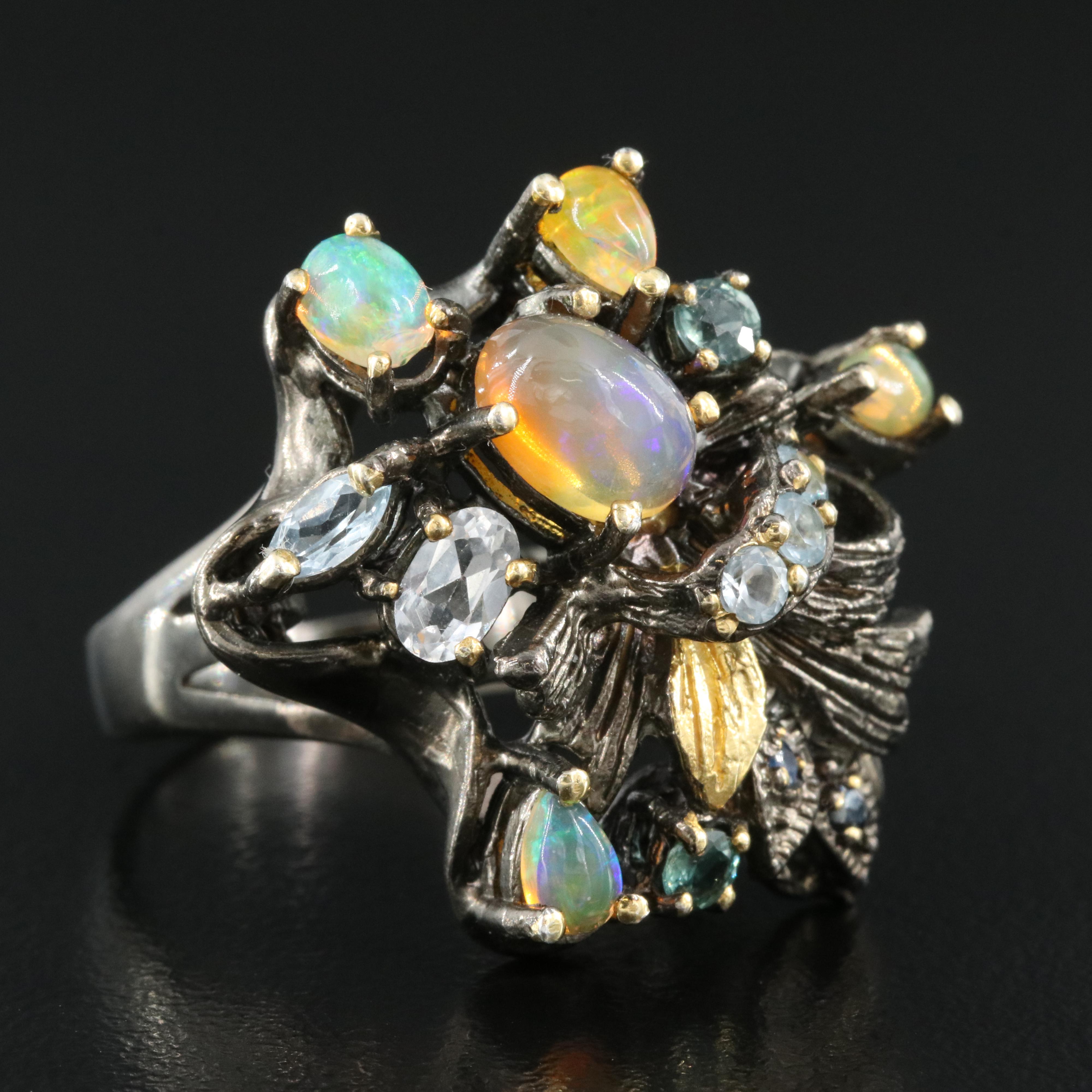 Sterling Topaz, Opal and Sapphire Ring