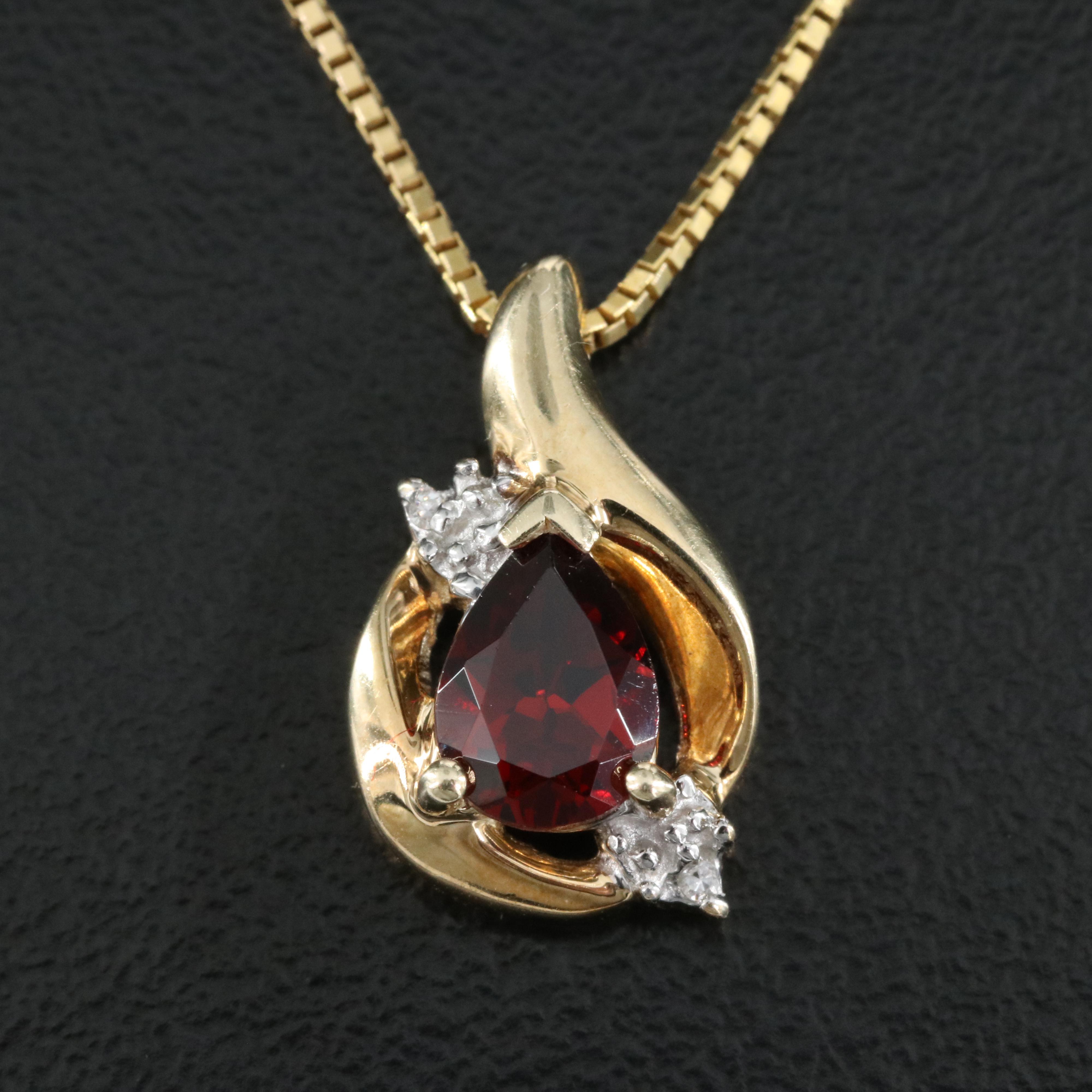 10K Garnet and Diamond Pendant on Italian 14K Box Chain