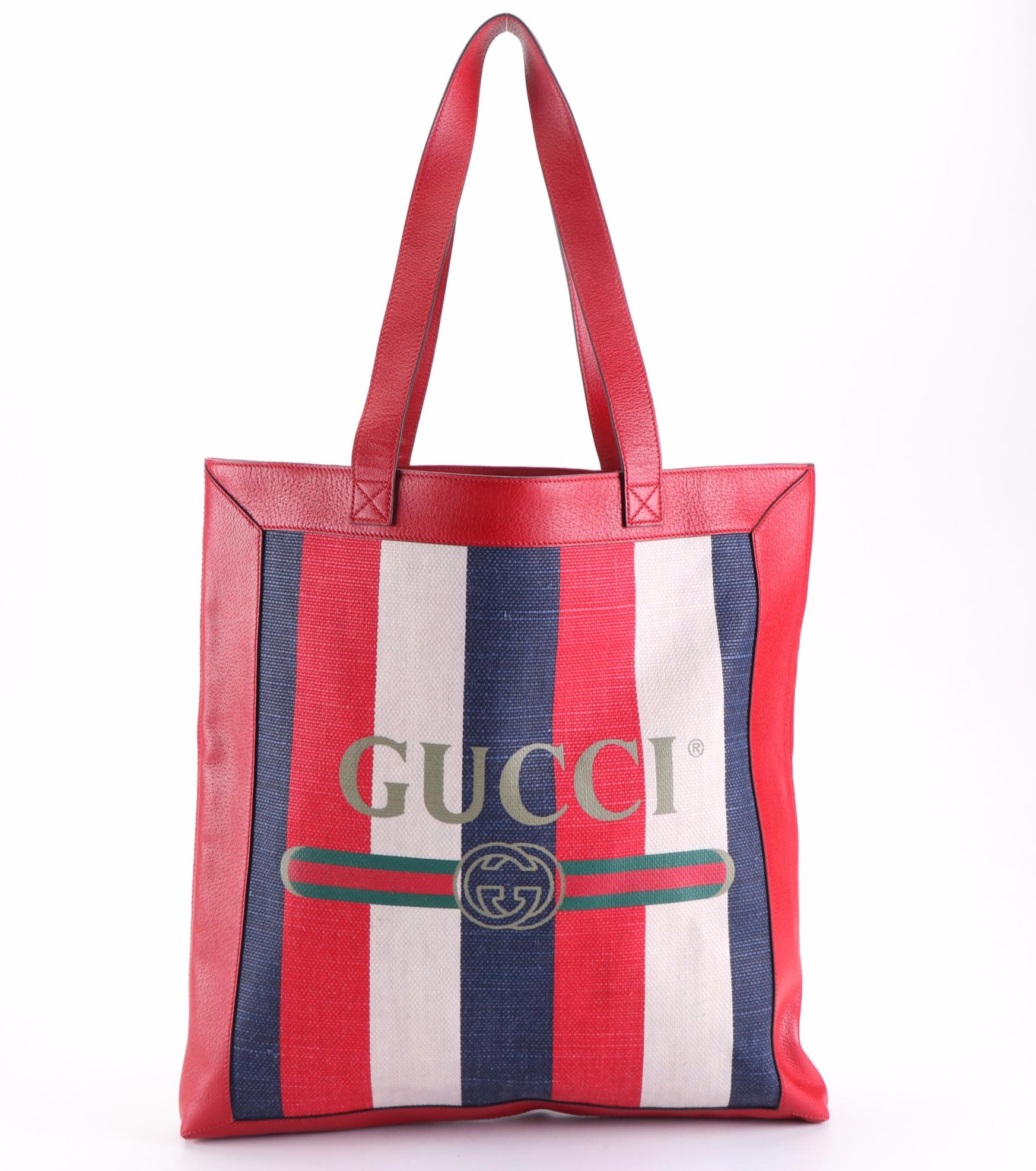 Gucci Tricolor Striped Canvas Tote with Cinghiale Leather Trim