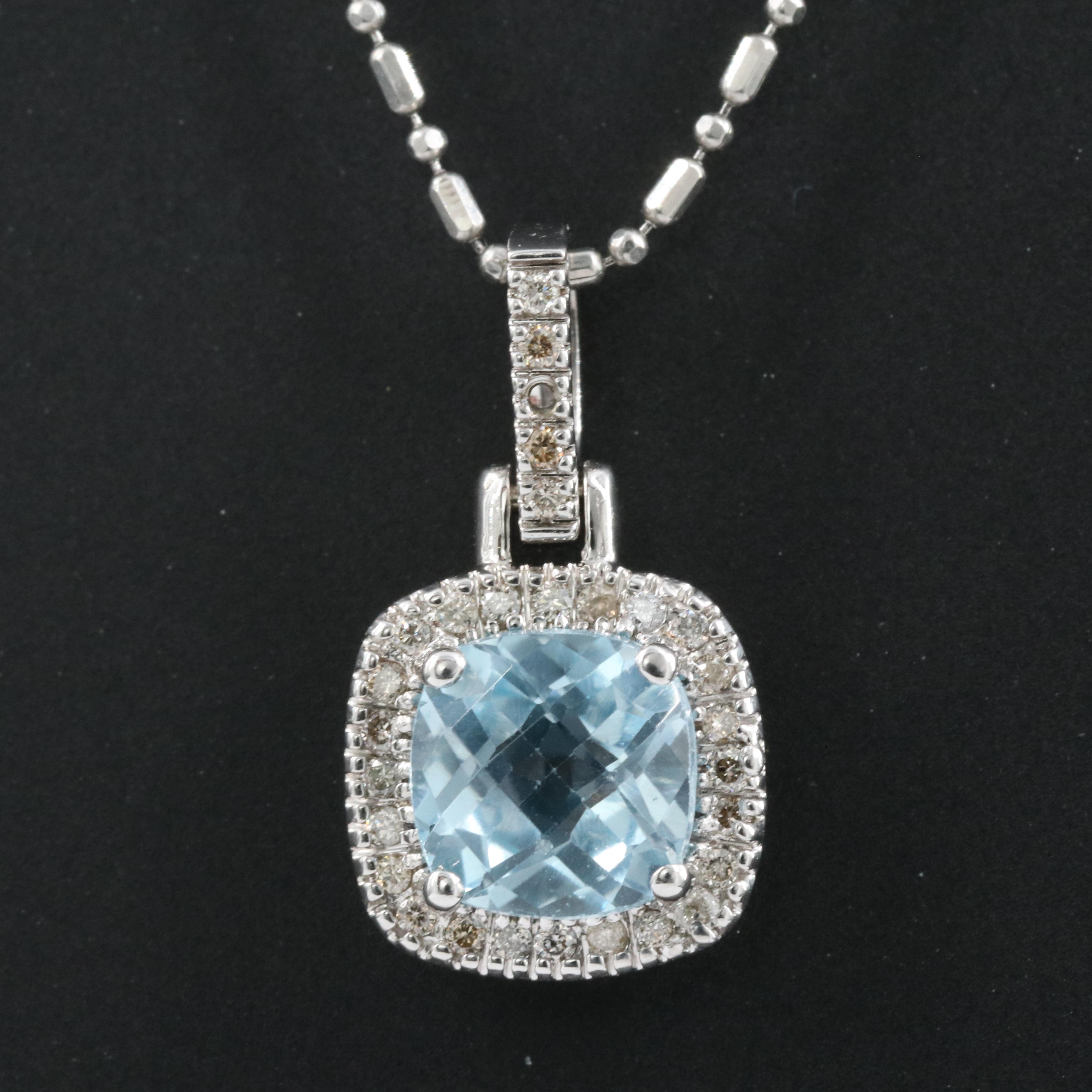 10K Topaz and Diamond Pendant on Platinum Beaded Chain