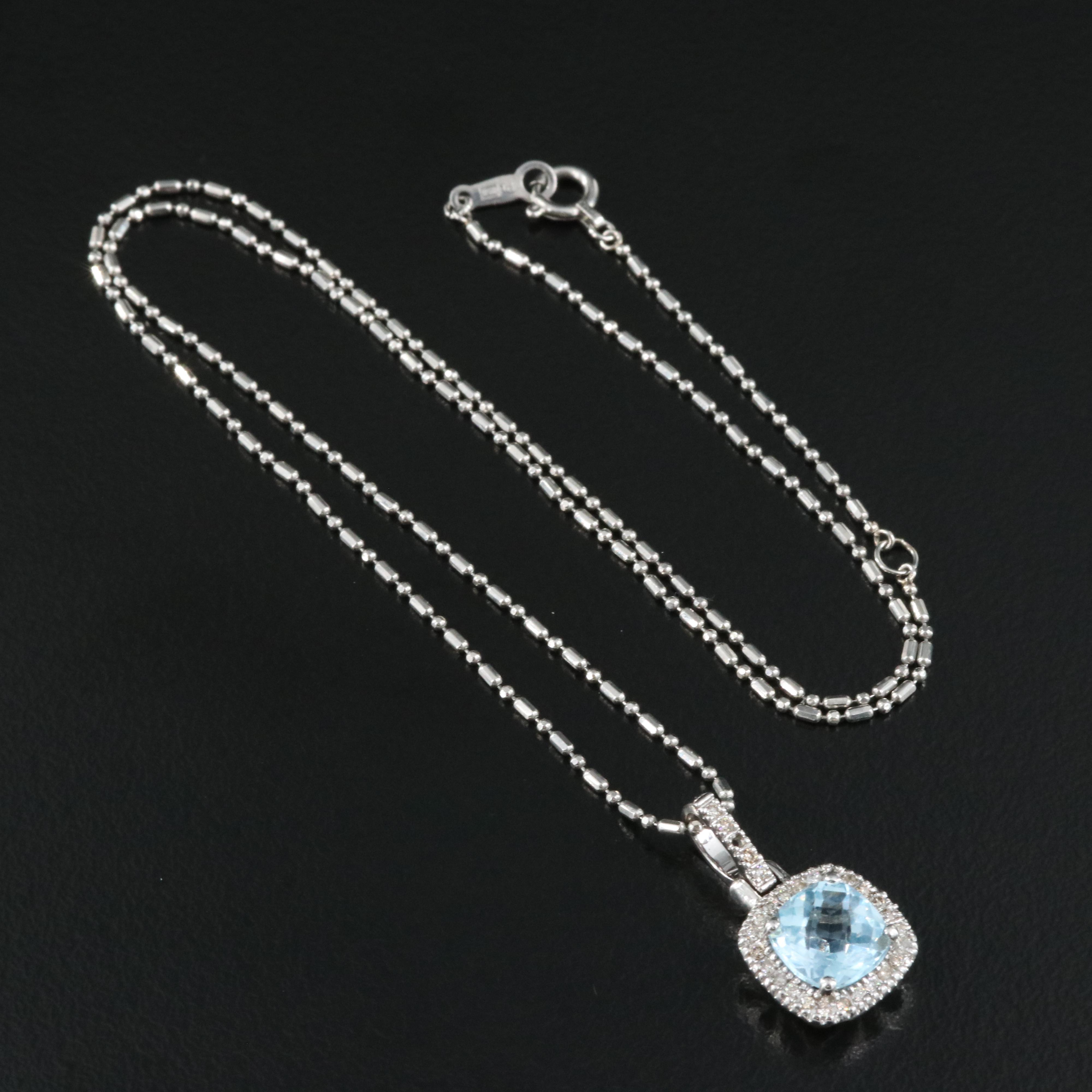 10K Topaz and Diamond Pendant on Platinum Beaded Chain