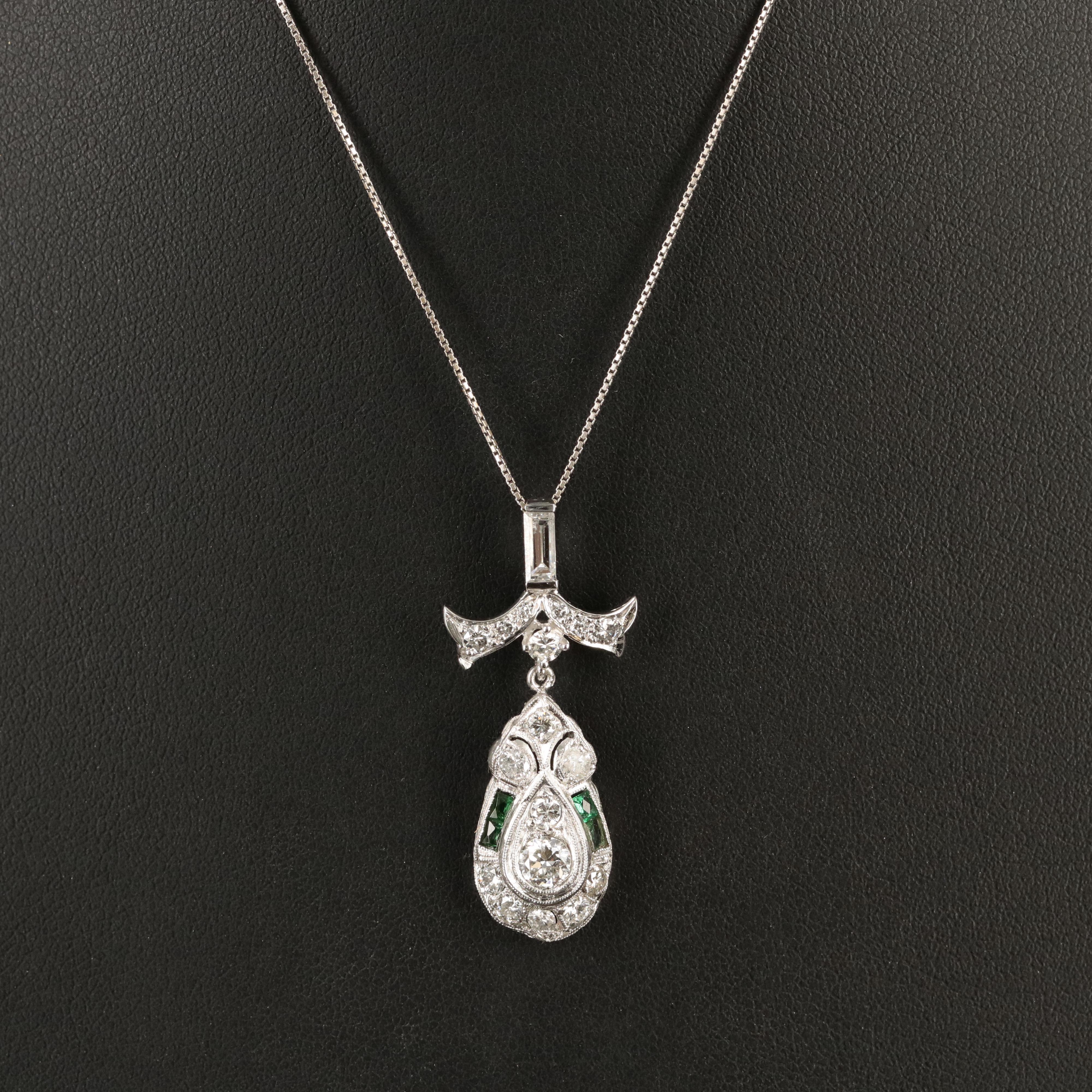 Platinum Diamond and Emerald Pendant Necklace