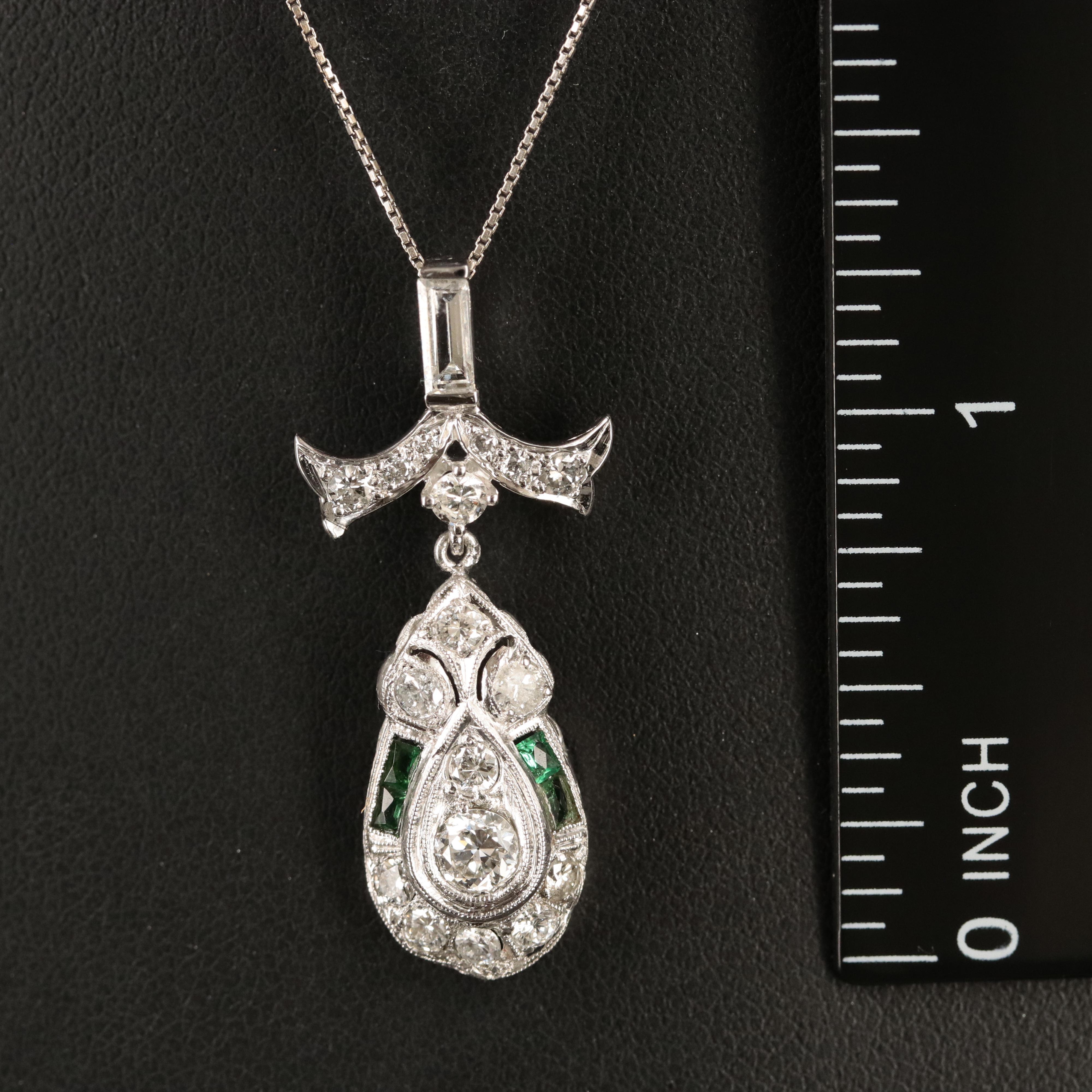 Platinum Diamond and Emerald Pendant Necklace