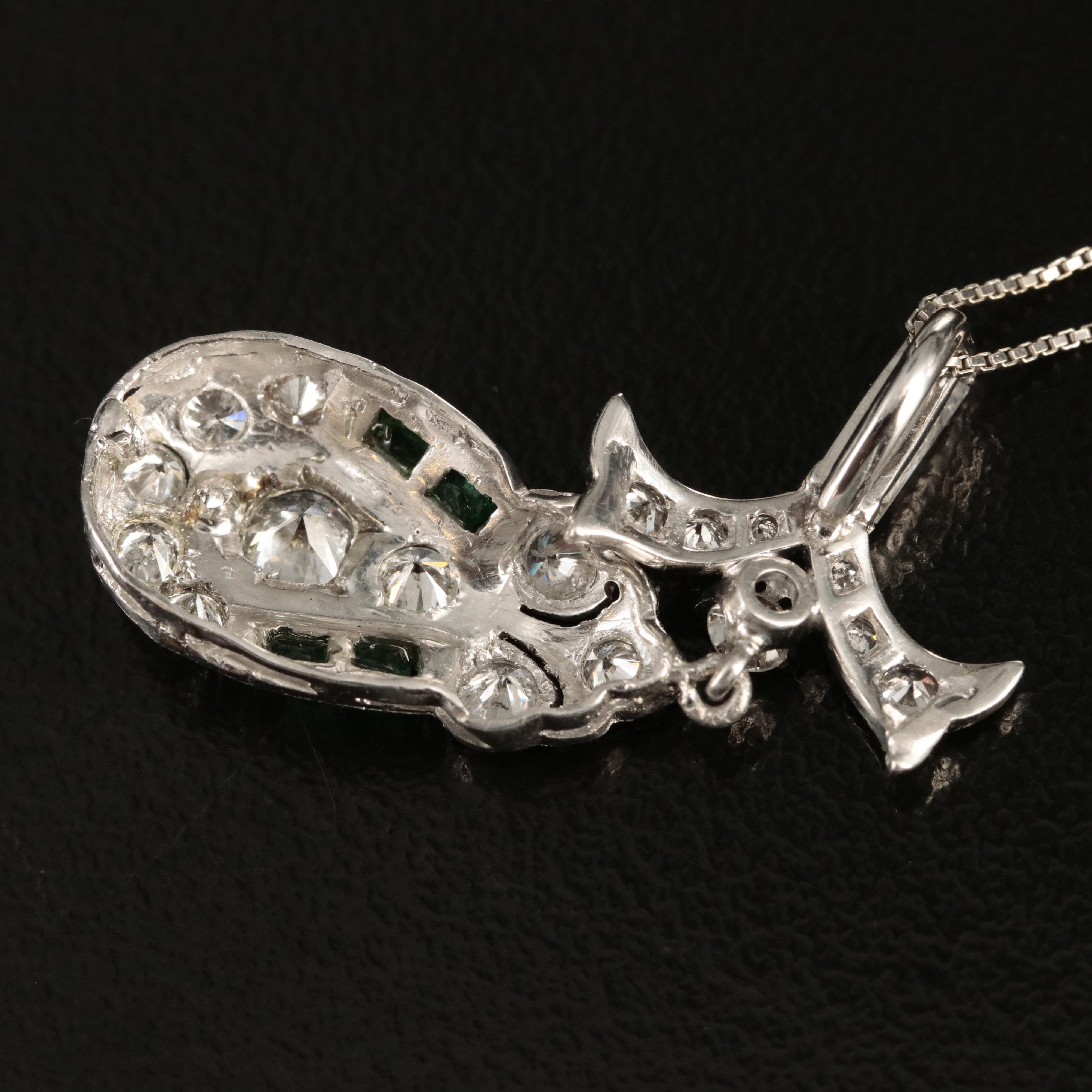 Platinum Diamond and Emerald Pendant Necklace