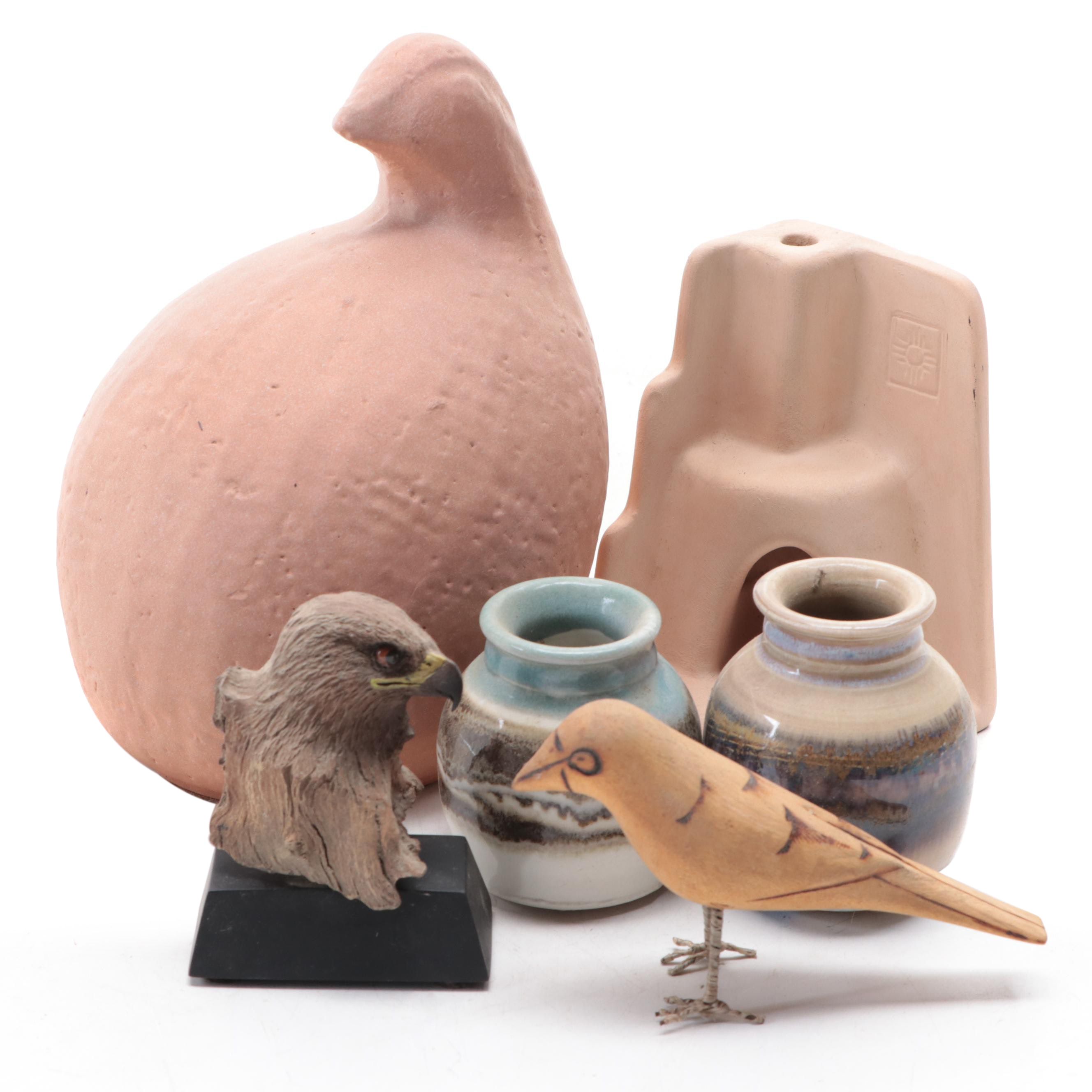 Artist Signed Ceramic Vases with Other Bird Figurines and Bookend