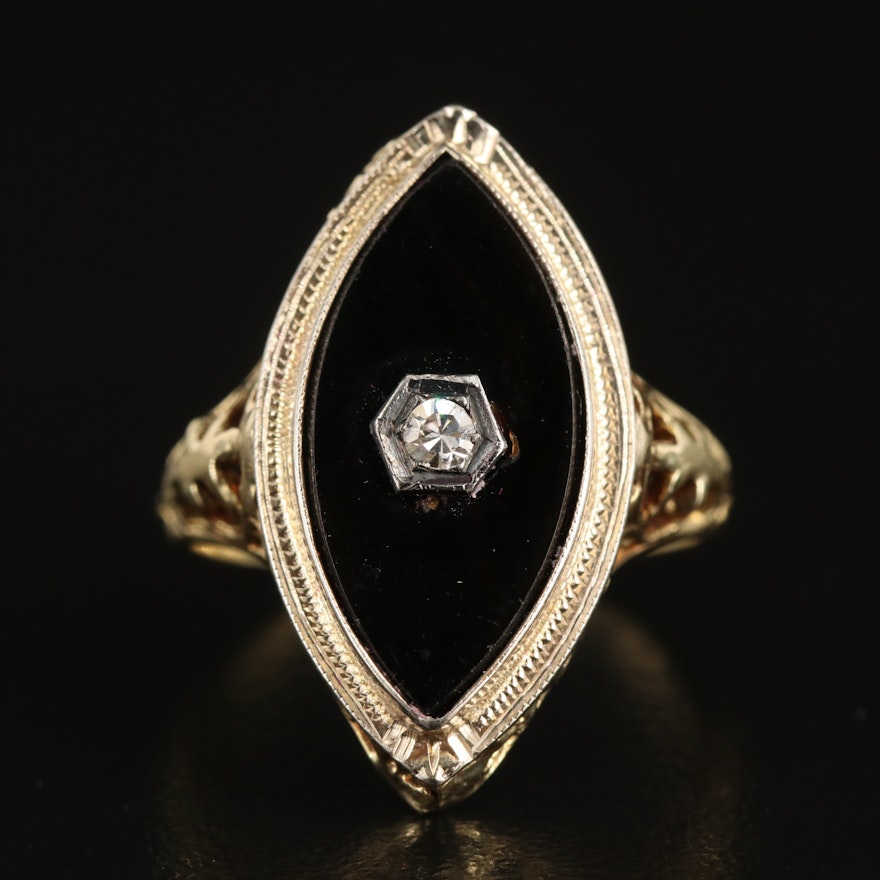 1930s 14K Black Onyx and Diamond Navette Ring