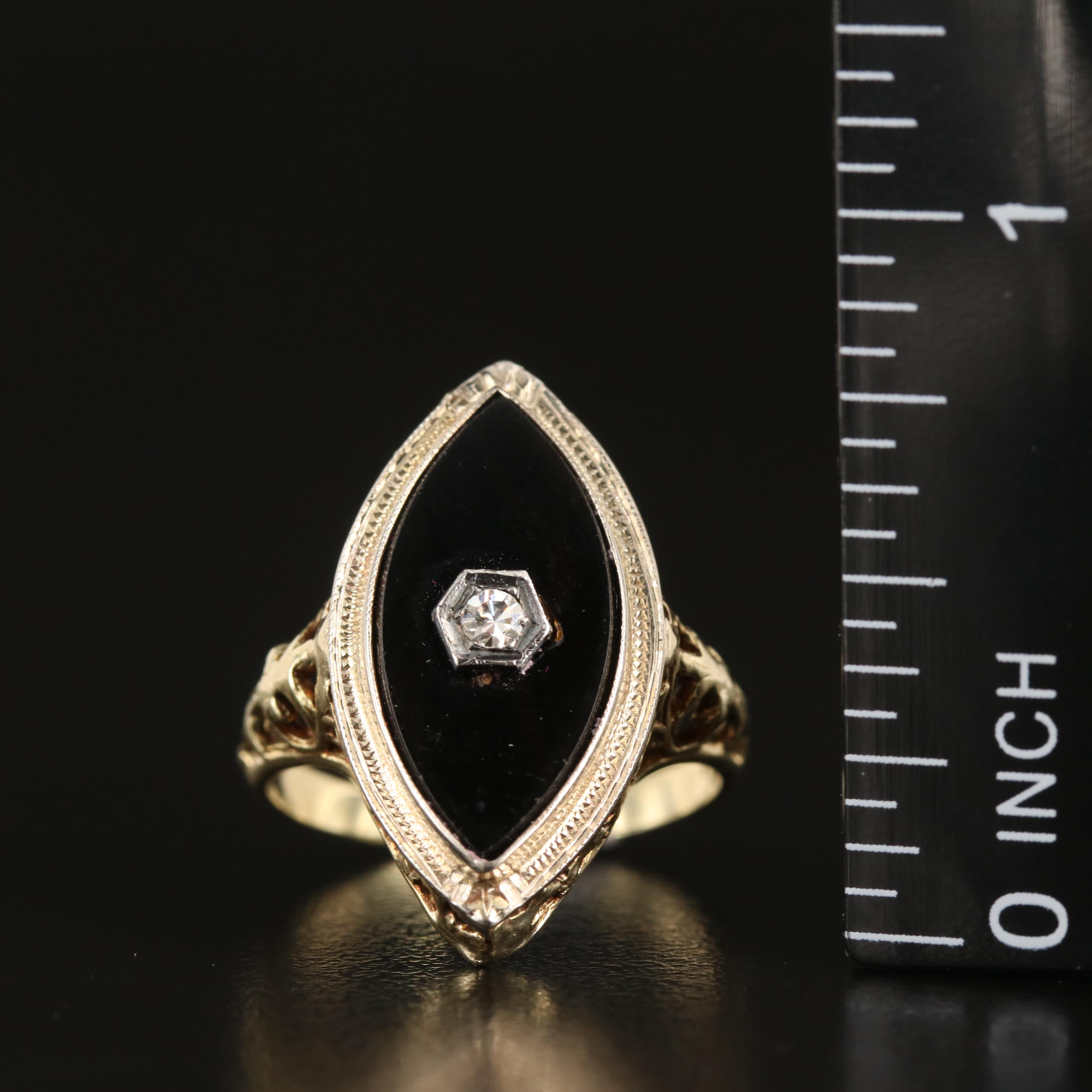 1930s 14K Black Onyx and Diamond Navette Ring