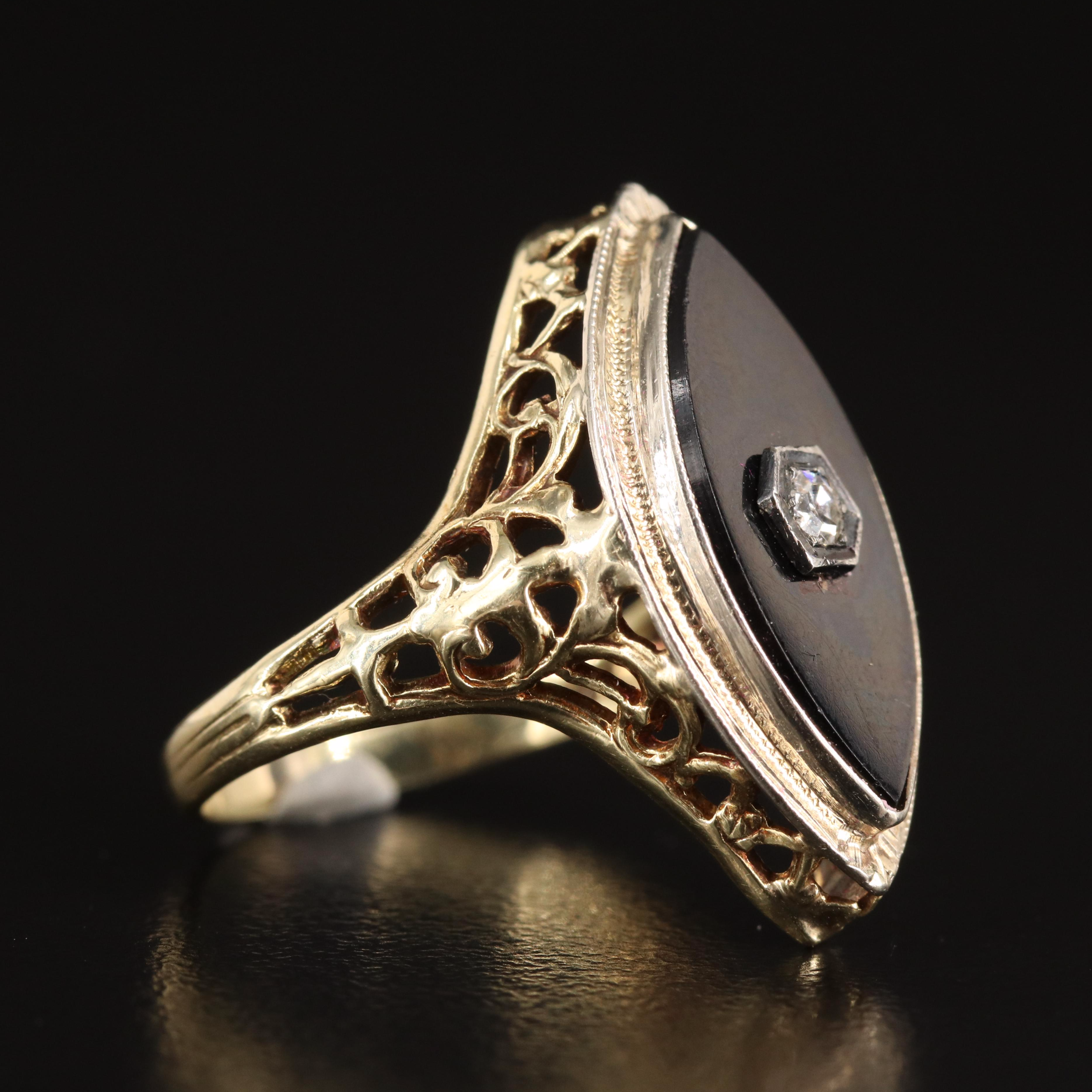 1930s 14K Black Onyx and Diamond Navette Ring