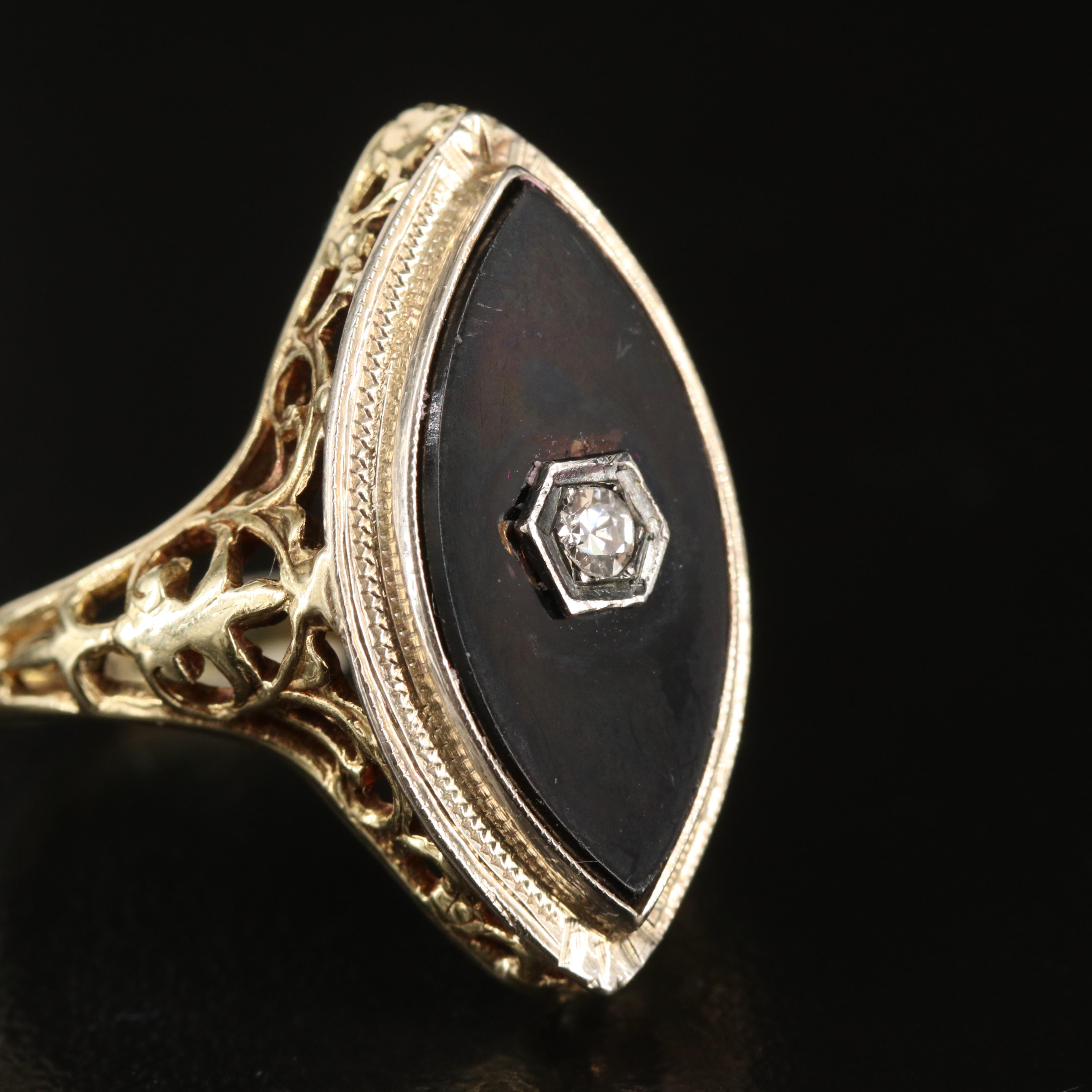 1930s 14K Black Onyx and Diamond Navette Ring