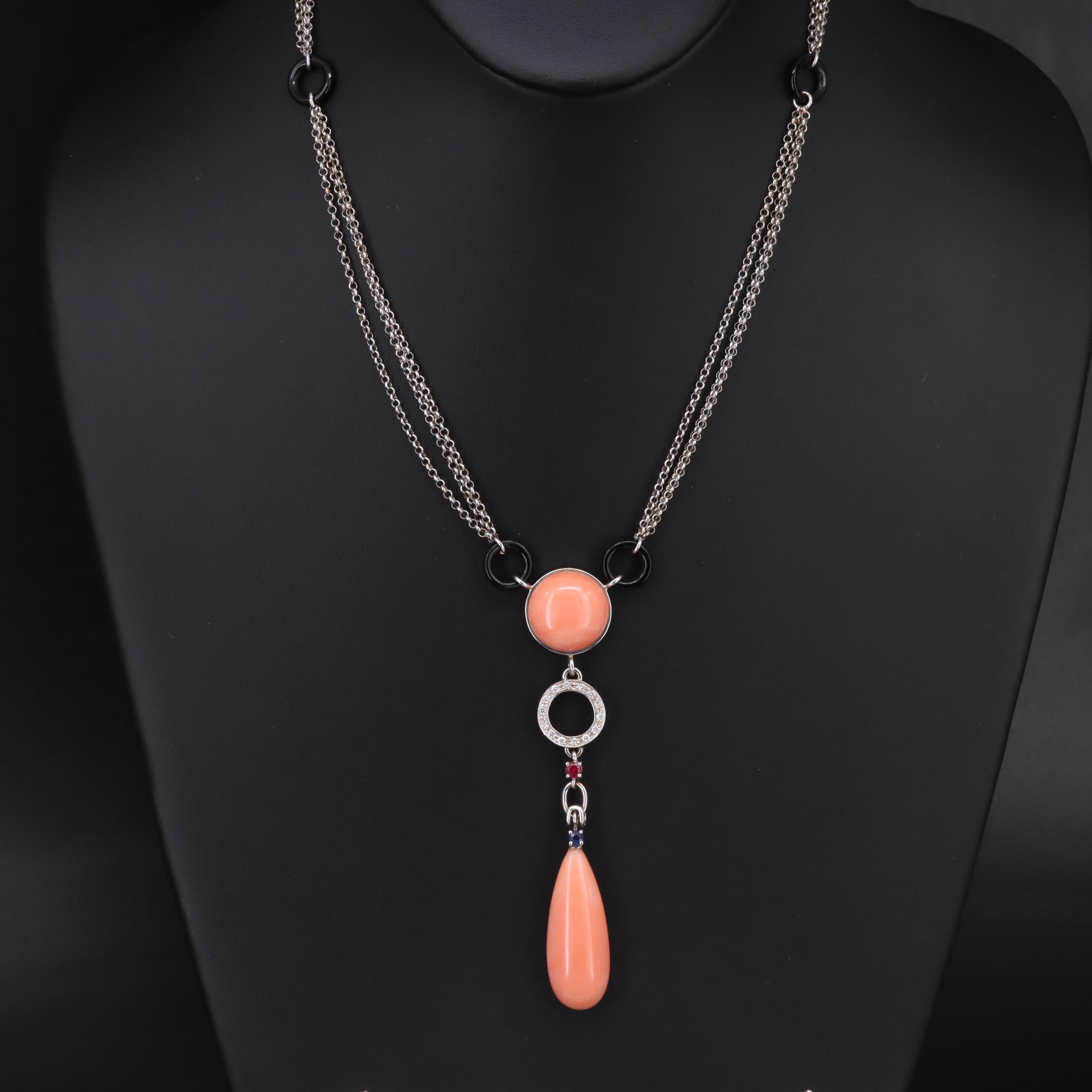 18K Coral, Ruby, Sapphire, Diamond and Black Onyx Festoon Necklace