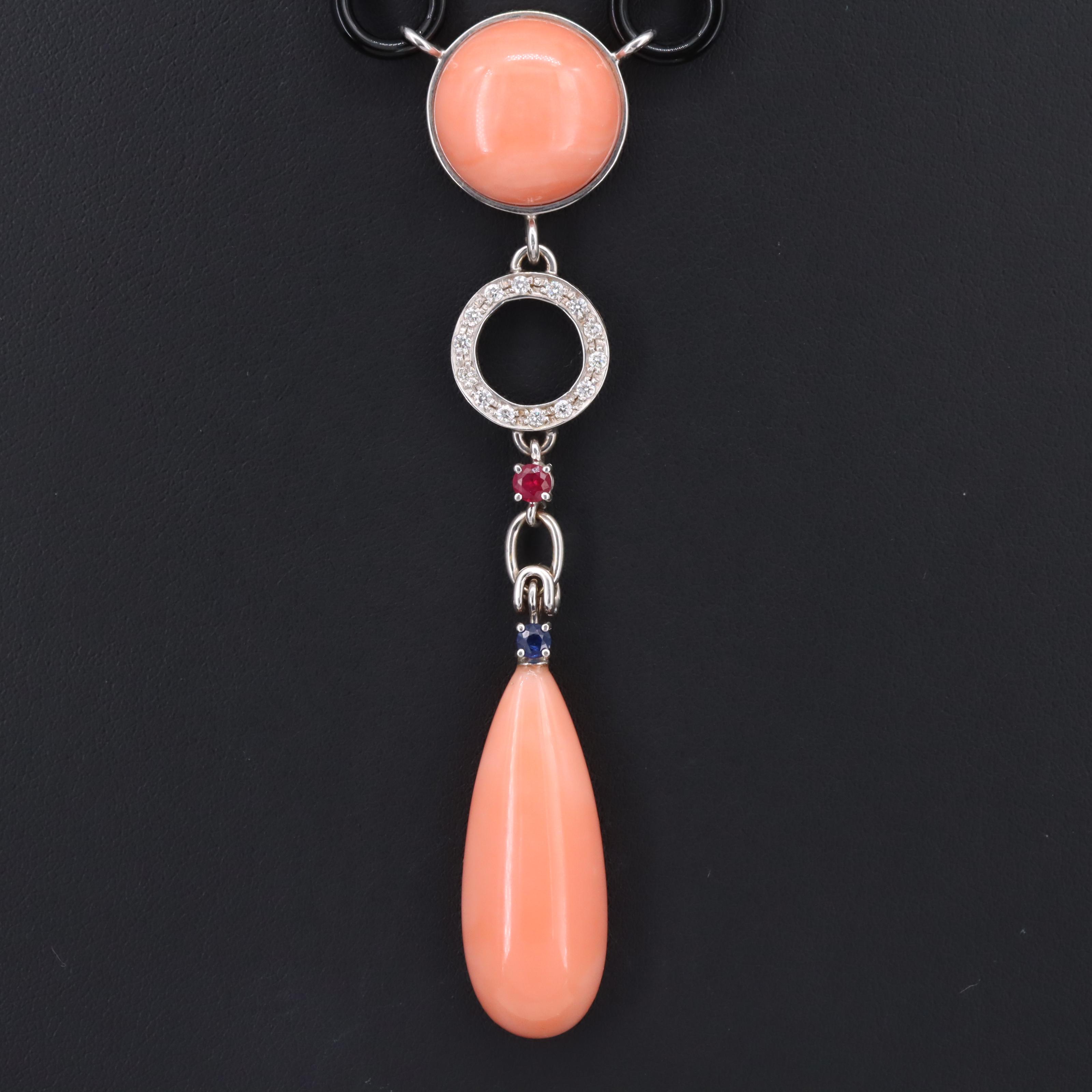 18K Coral, Ruby, Sapphire, Diamond and Black Onyx Festoon Necklace