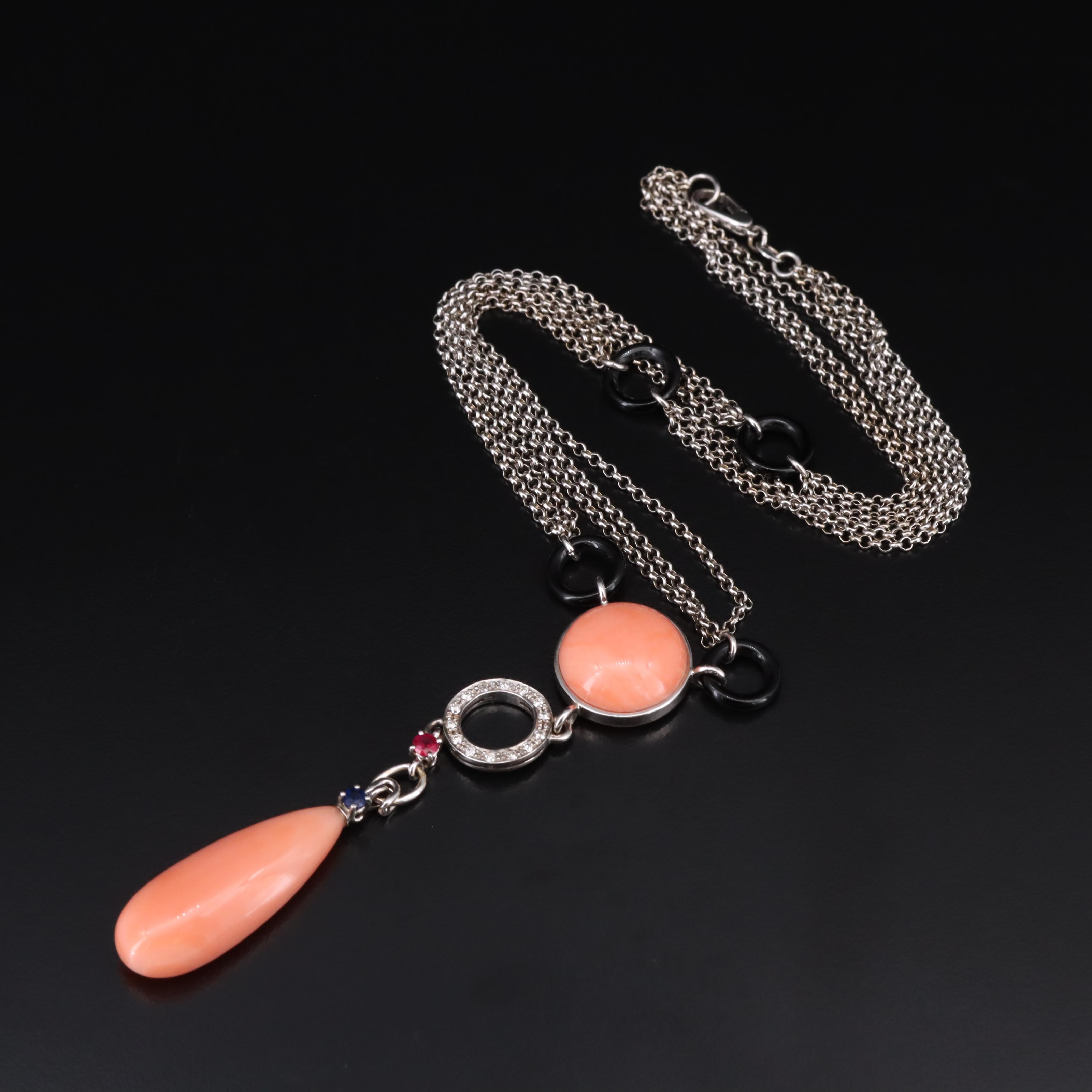 18K Coral, Ruby, Sapphire, Diamond and Black Onyx Festoon Necklace