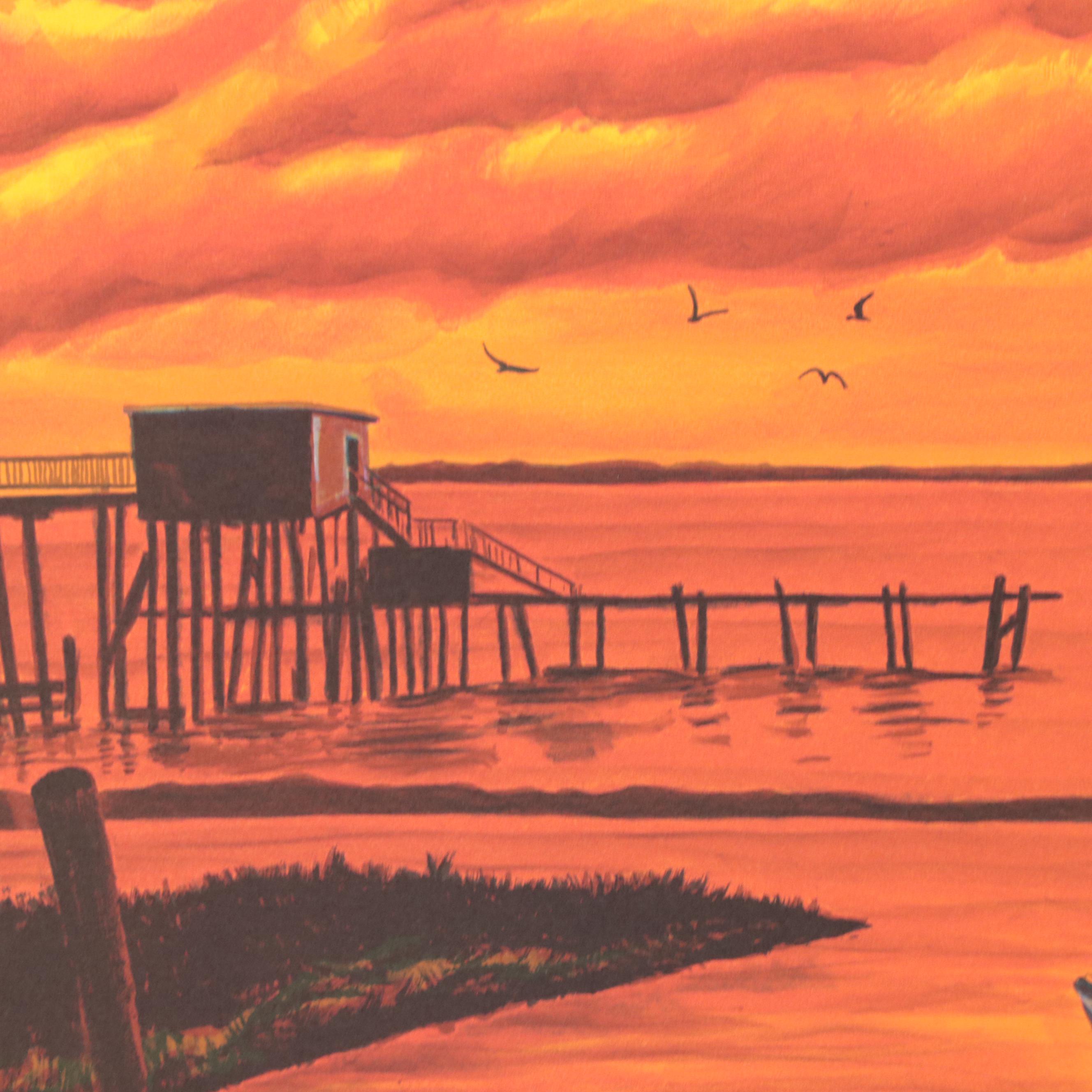 Jack Van Deckter Early Morning Harbor Scene Lithograph