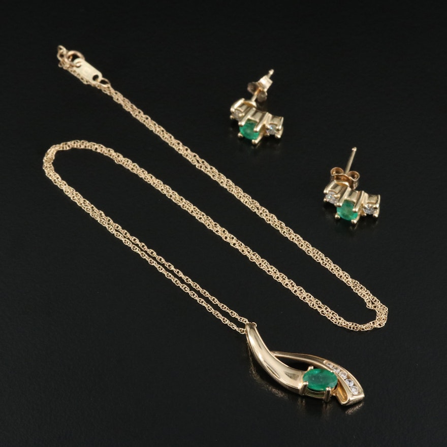 14K Emerald and Diamond Pendant Necklace and Earrings