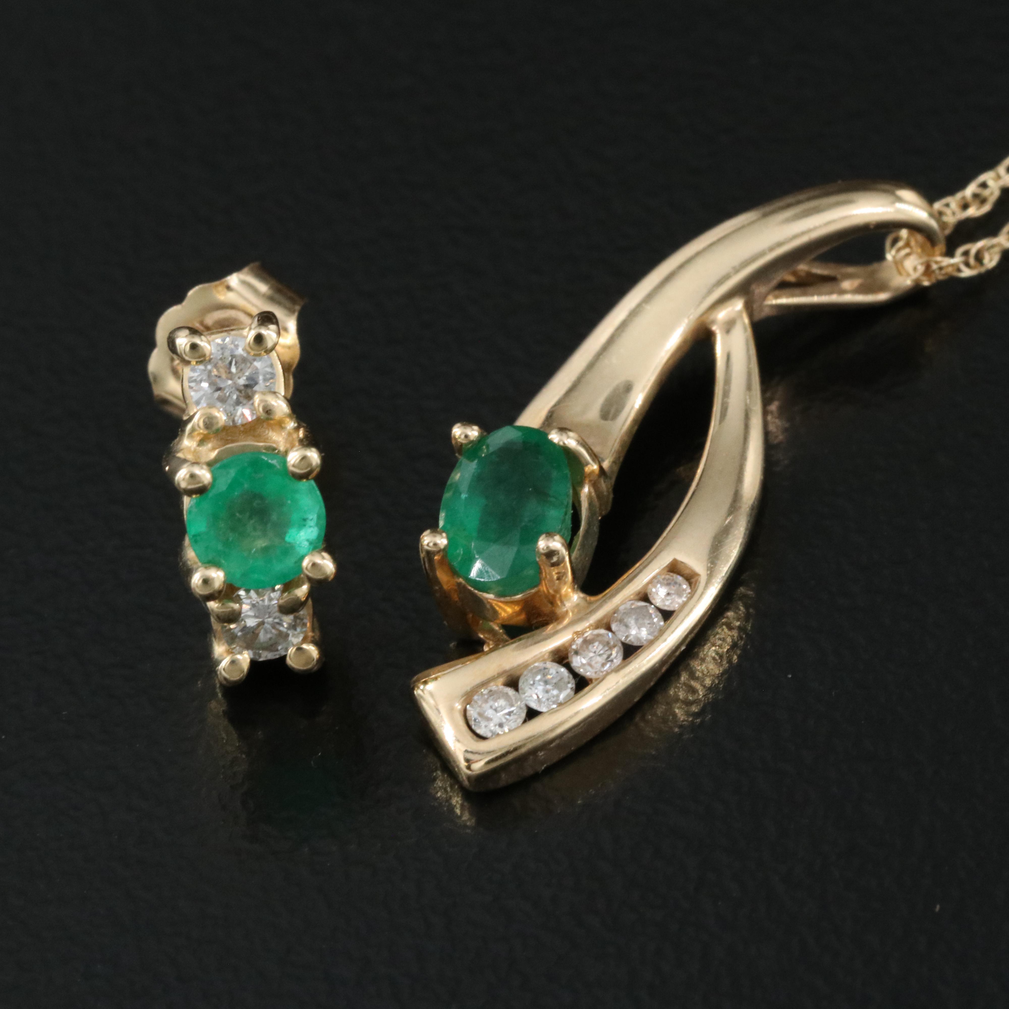 14K Emerald and Diamond Pendant Necklace and Earrings