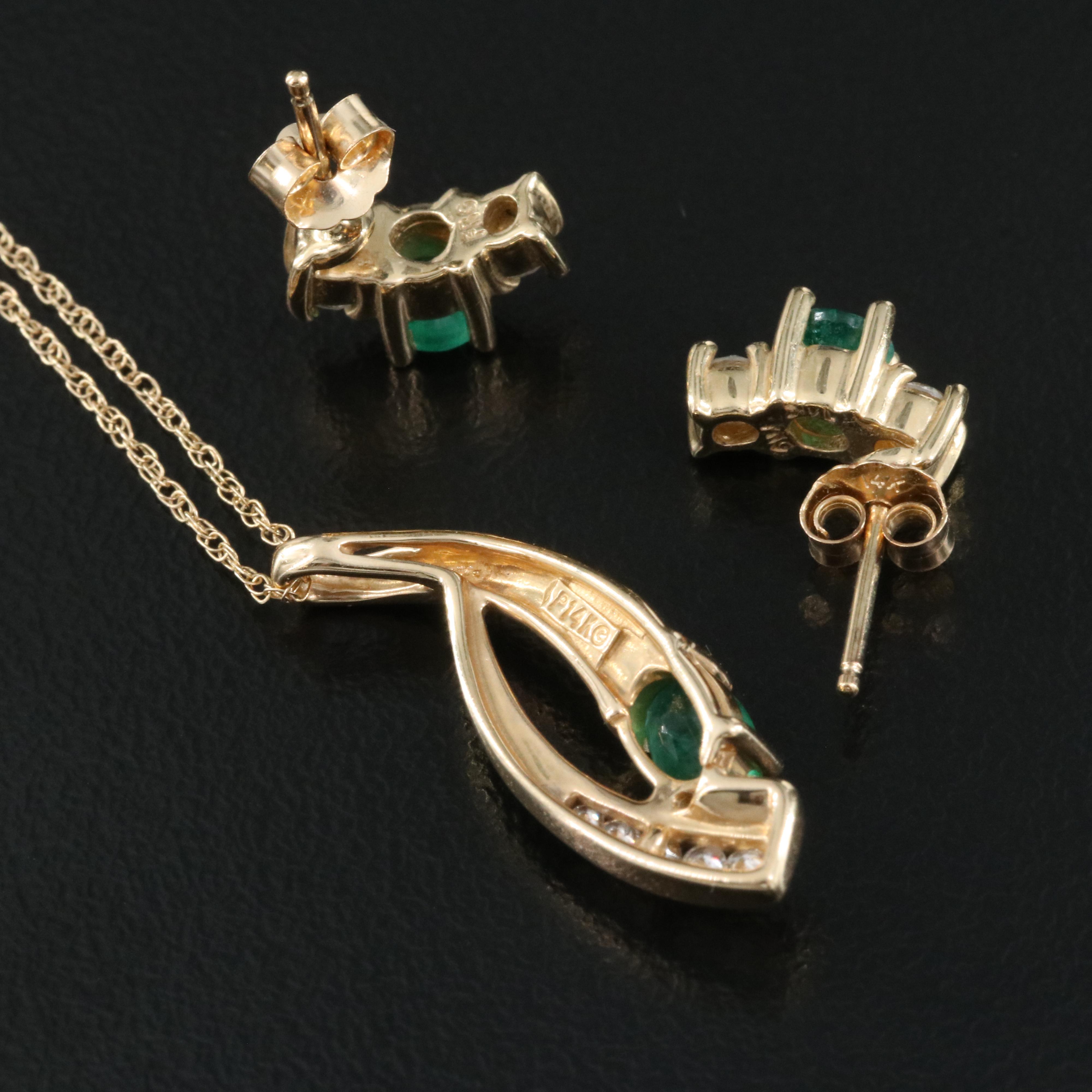 14K Emerald and Diamond Pendant Necklace and Earrings