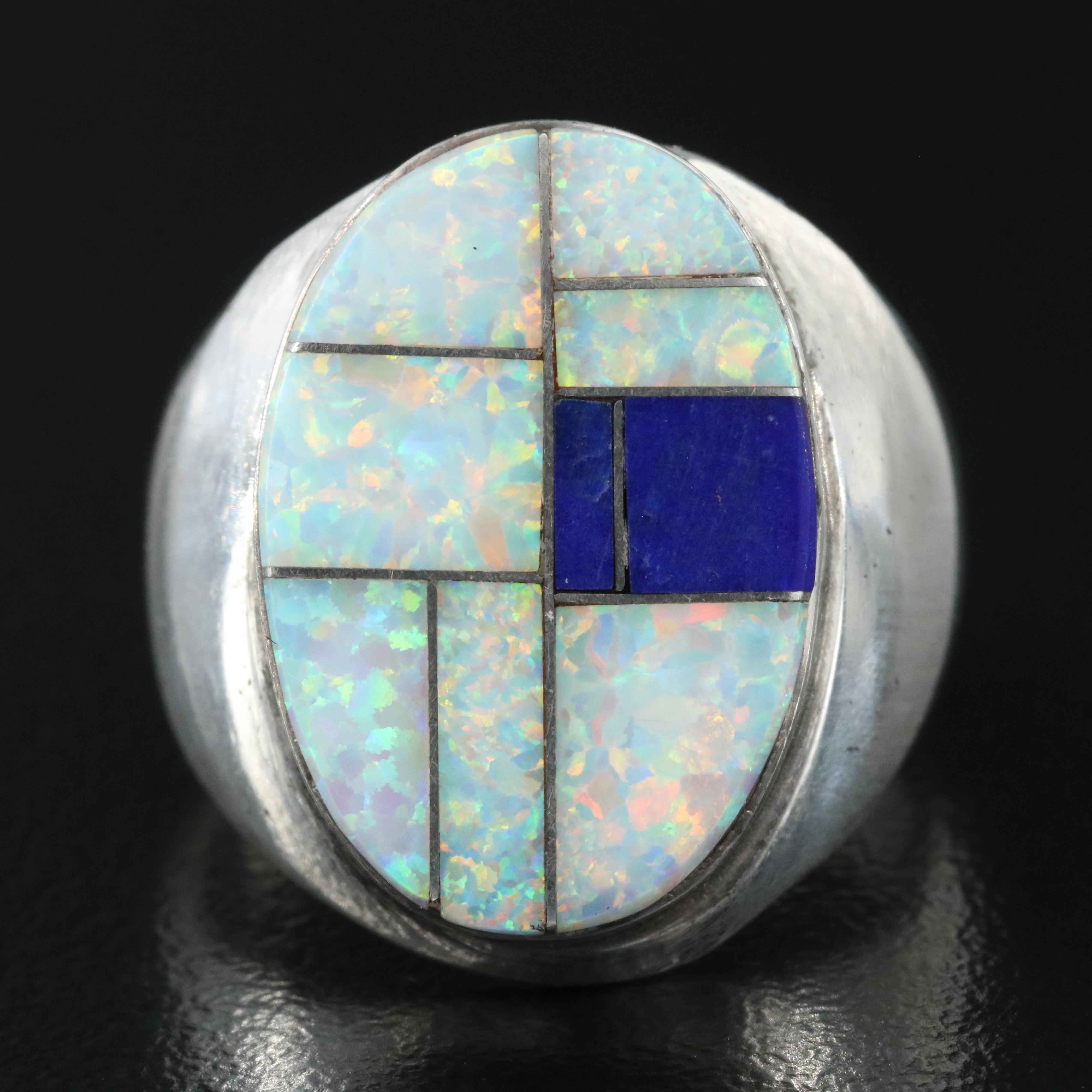 Signed Western Style Sterling Opal and Lapis Lazuli Ring
