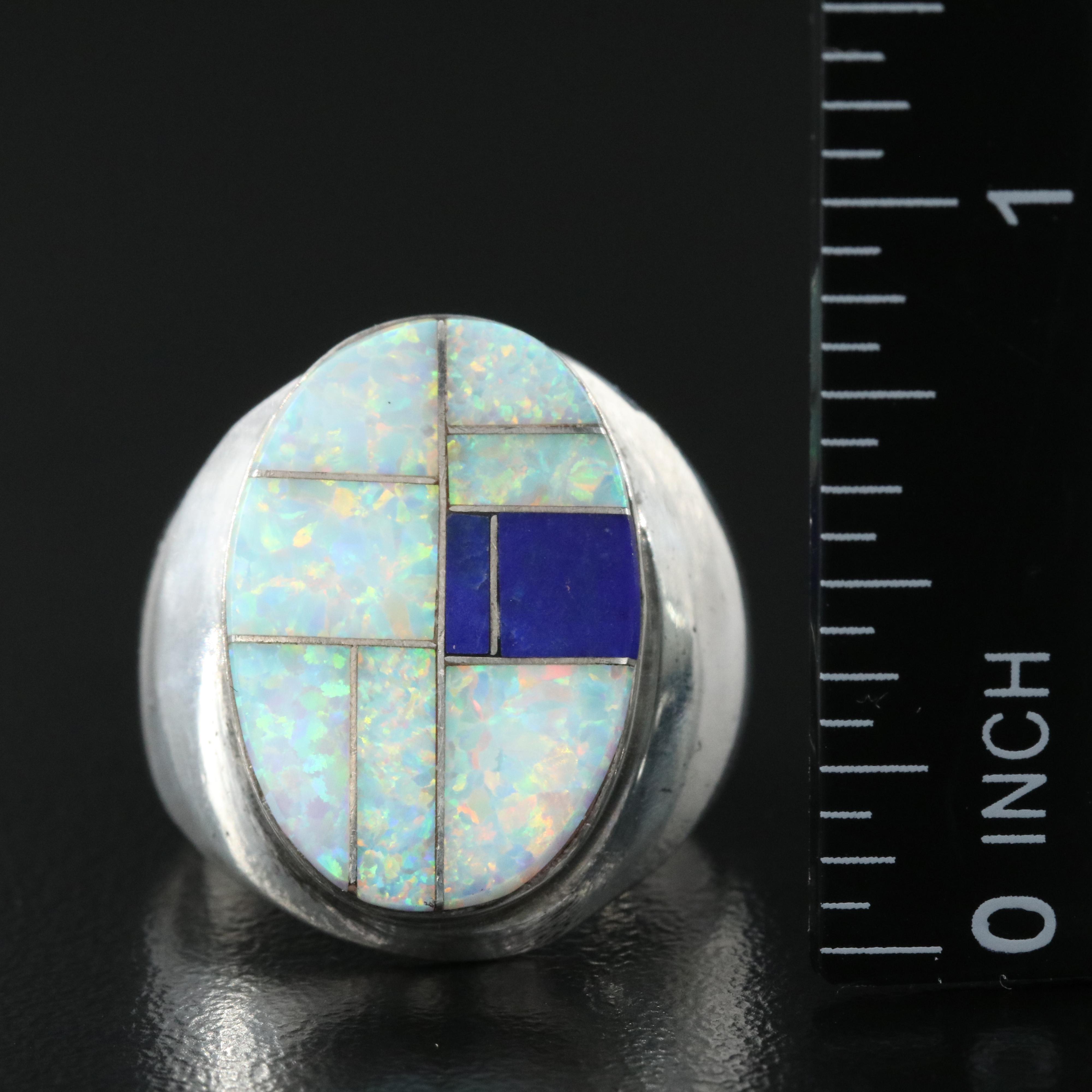 Signed Western Style Sterling Opal and Lapis Lazuli Ring