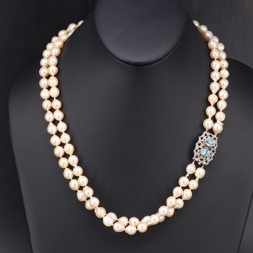 Pearl Double Strand Necklace with Vintage 18K Aquamarine and Diamond Clasp