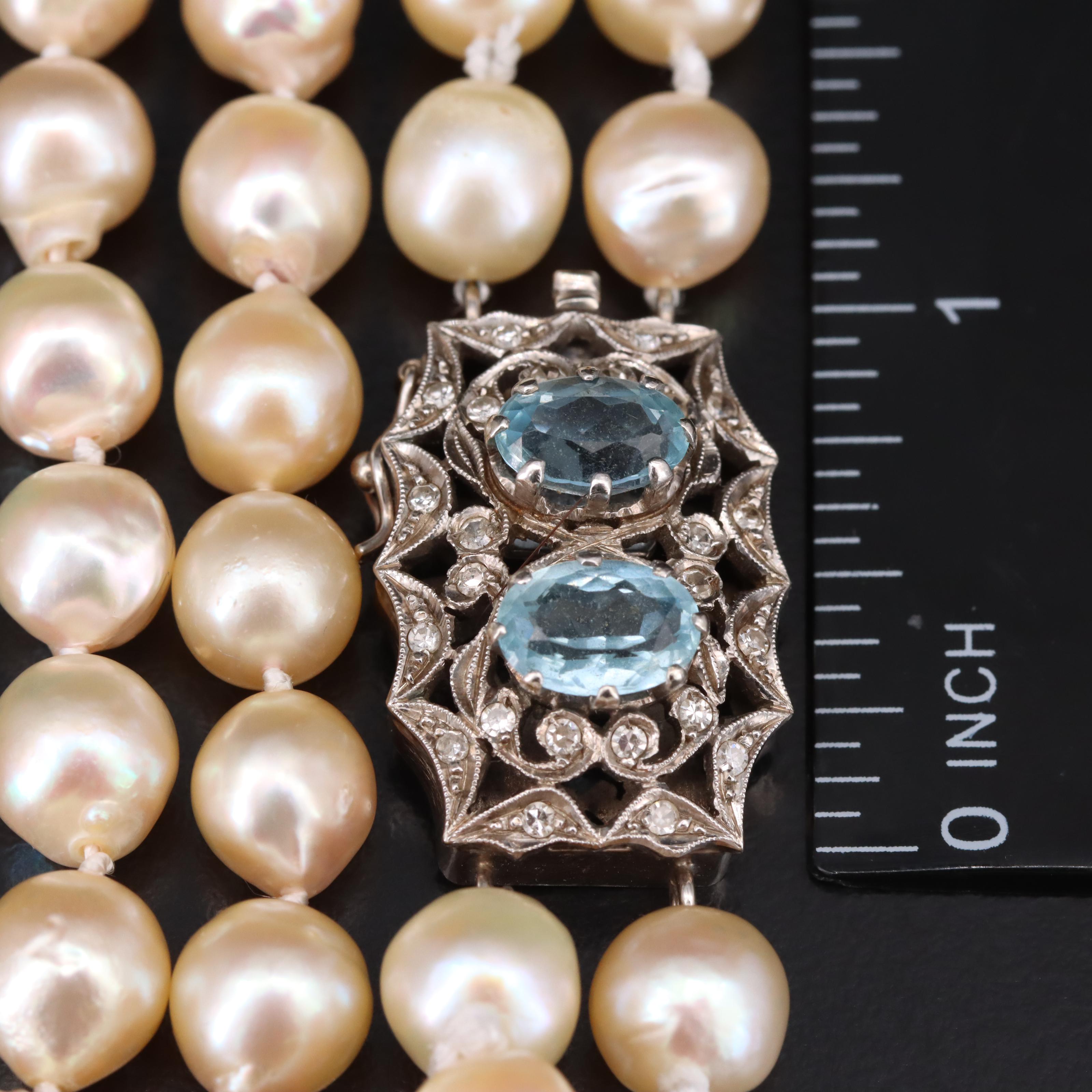 Pearl Double Strand Necklace with Vintage 18K Aquamarine and Diamond Clasp