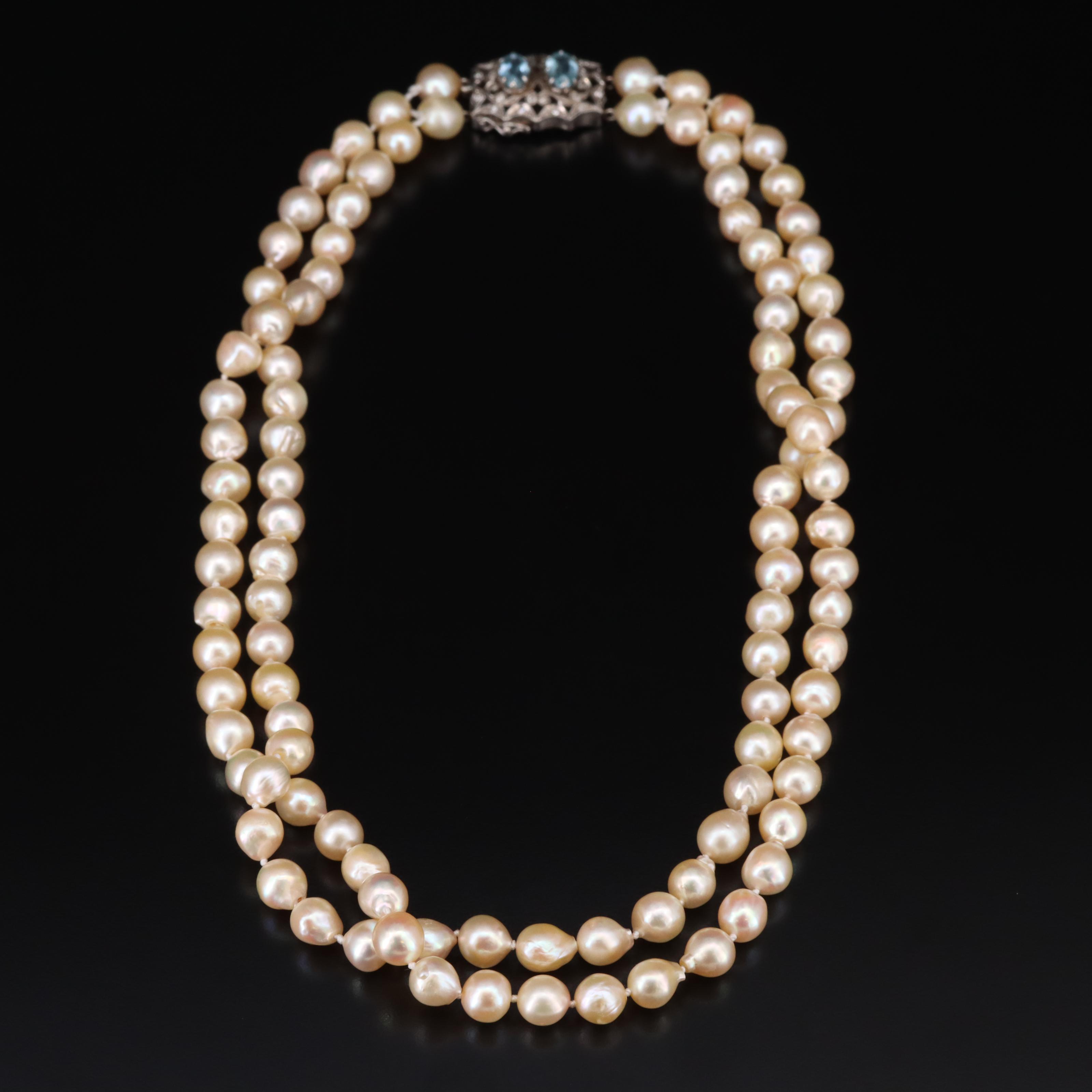 Pearl Double Strand Necklace with Vintage 18K Aquamarine and Diamond Clasp