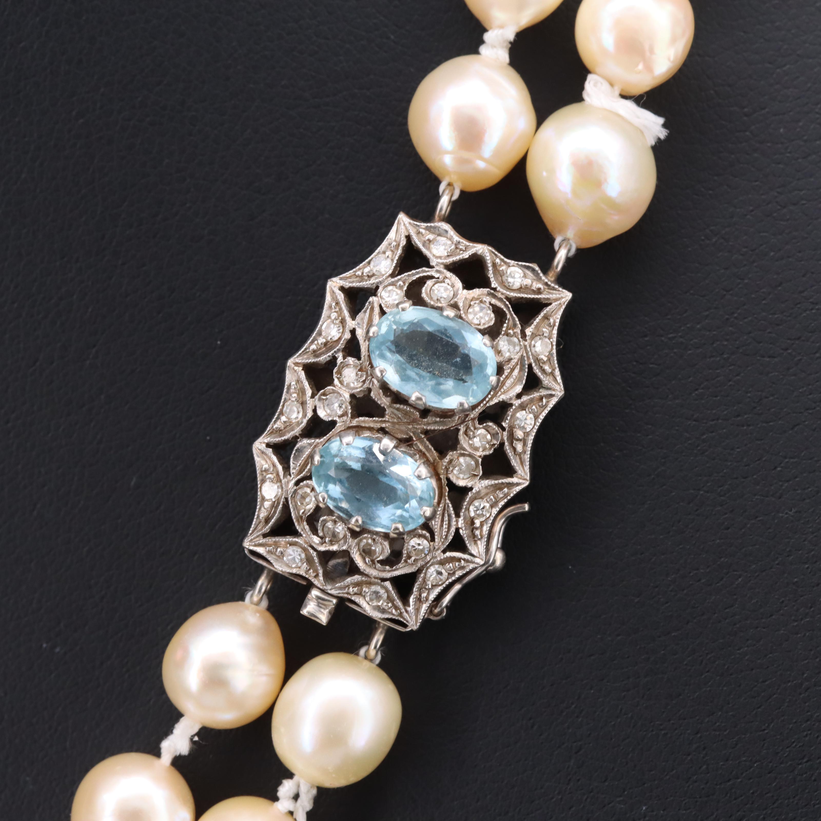 Pearl Double Strand Necklace with Vintage 18K Aquamarine and Diamond Clasp