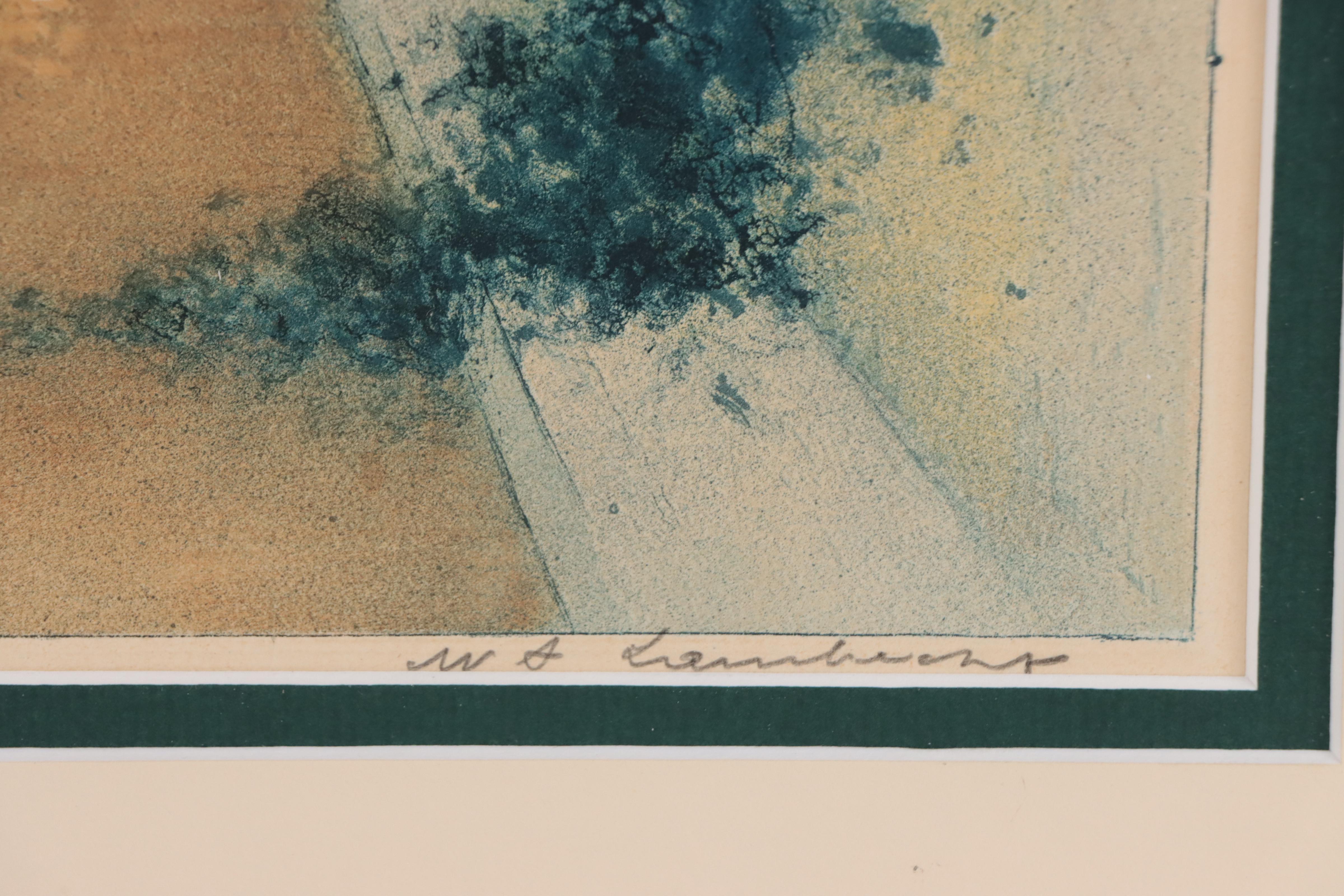 William Alphonse Lambrecht Color Etching of Verdant Landscape