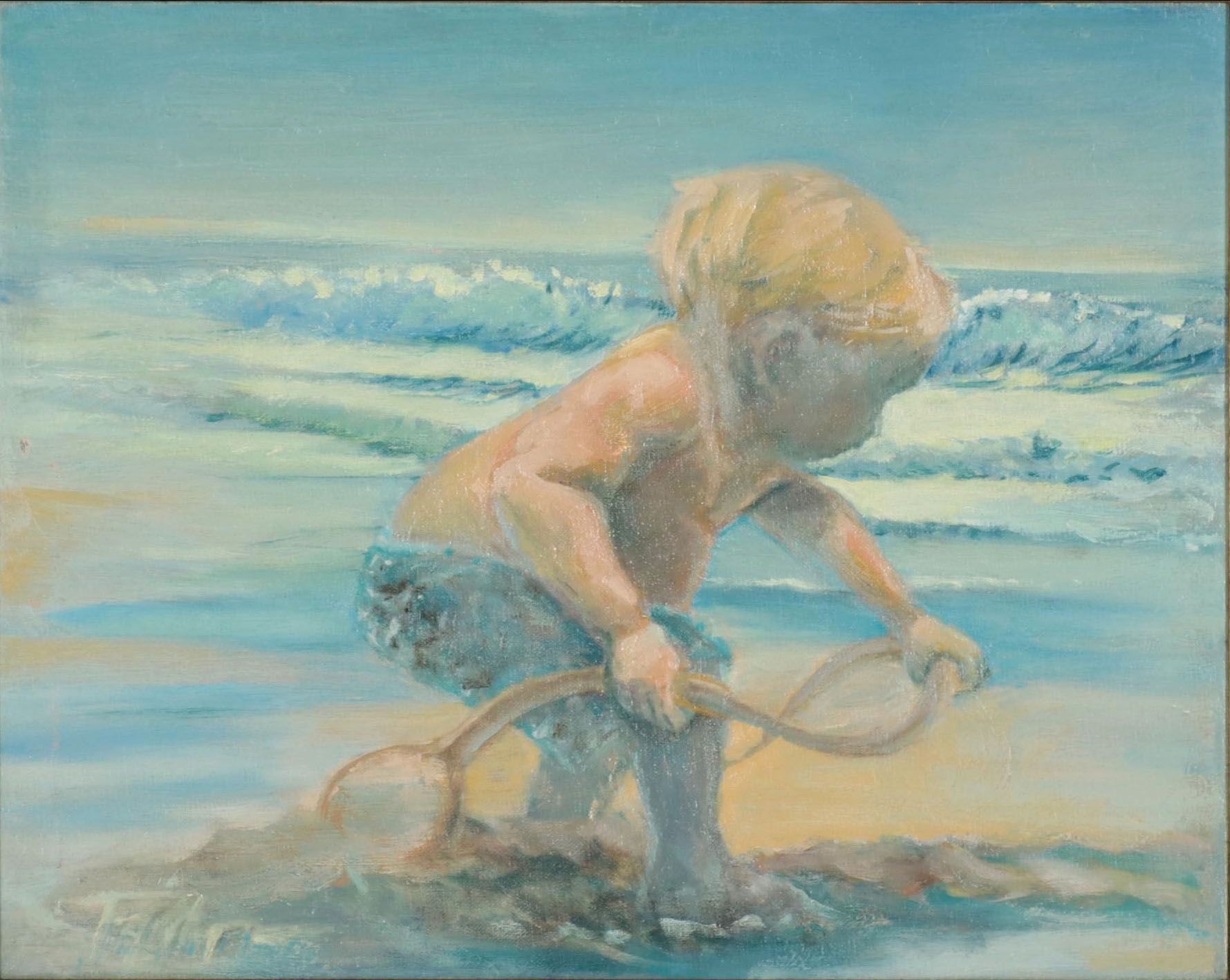 Oil Painting of Child at the Beach, Late 20th Century