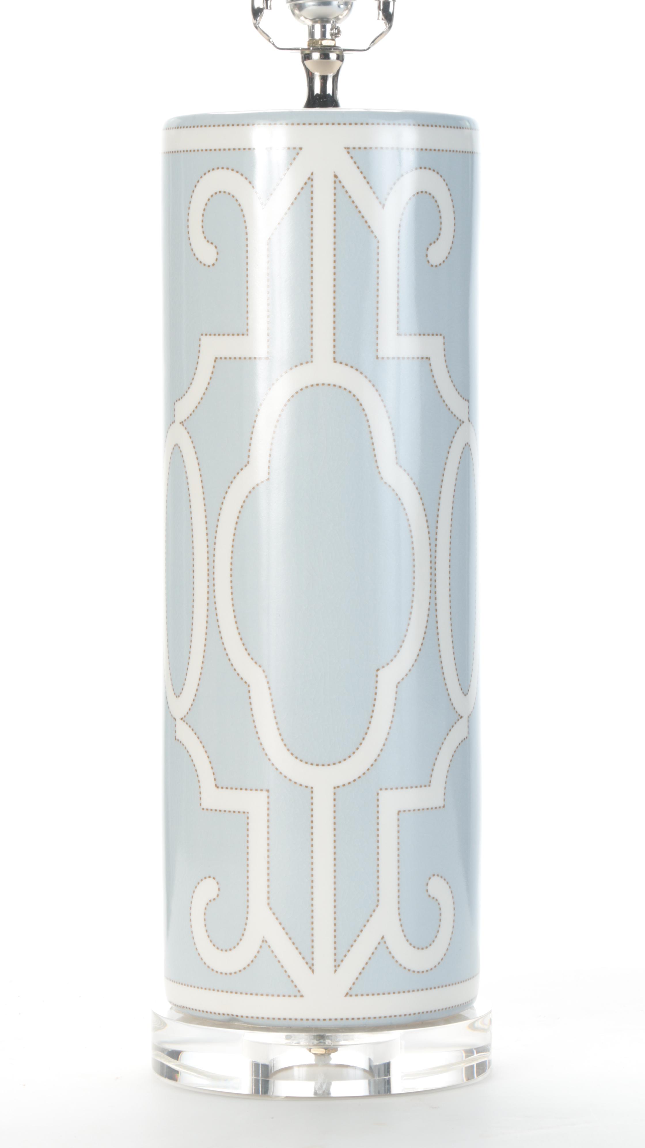 Scalamandre Ming Fretwork Blue and White Ceramic Cylinder Table Lamp