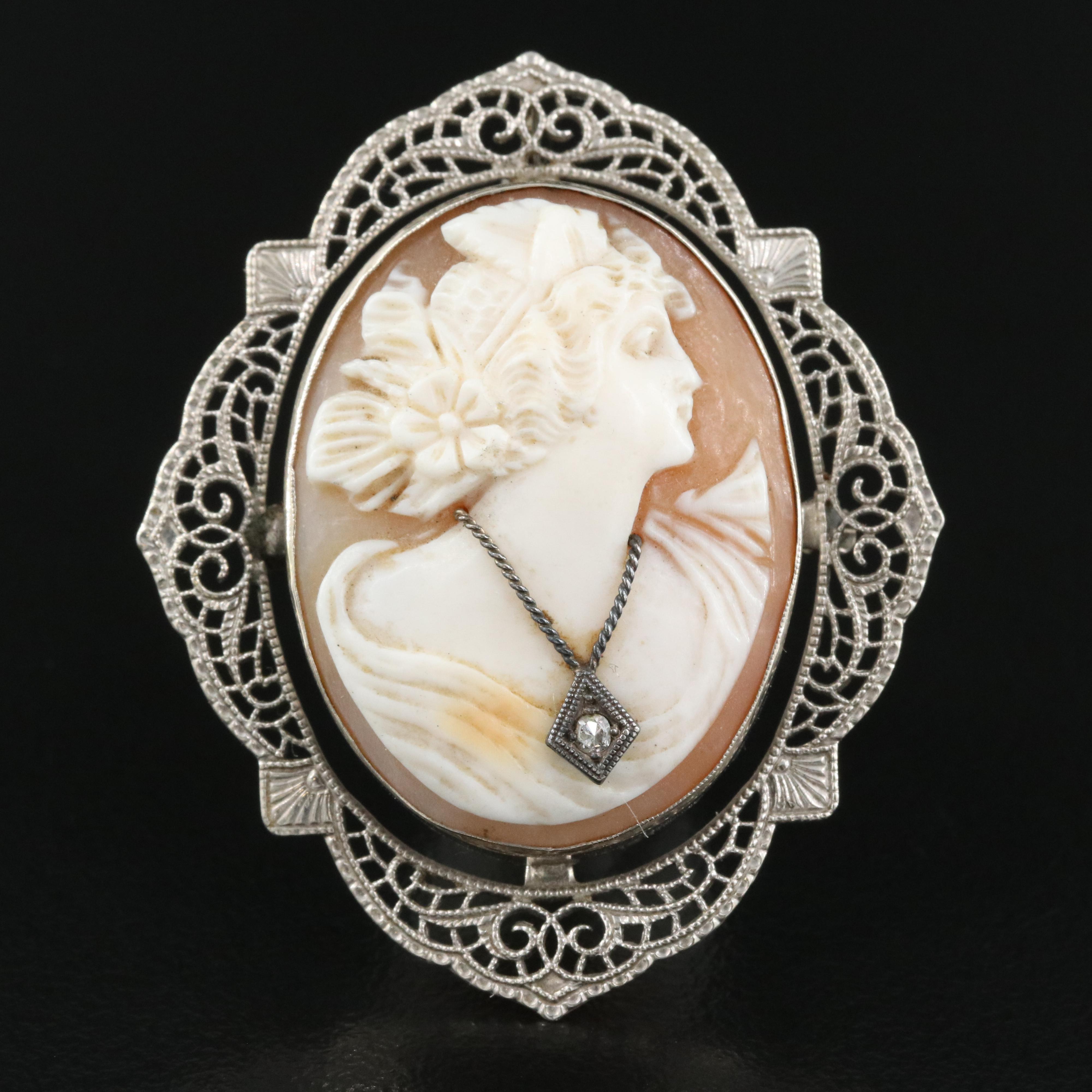14K Shell and Diamond Cameo Habillé Cameo Converter Brooch